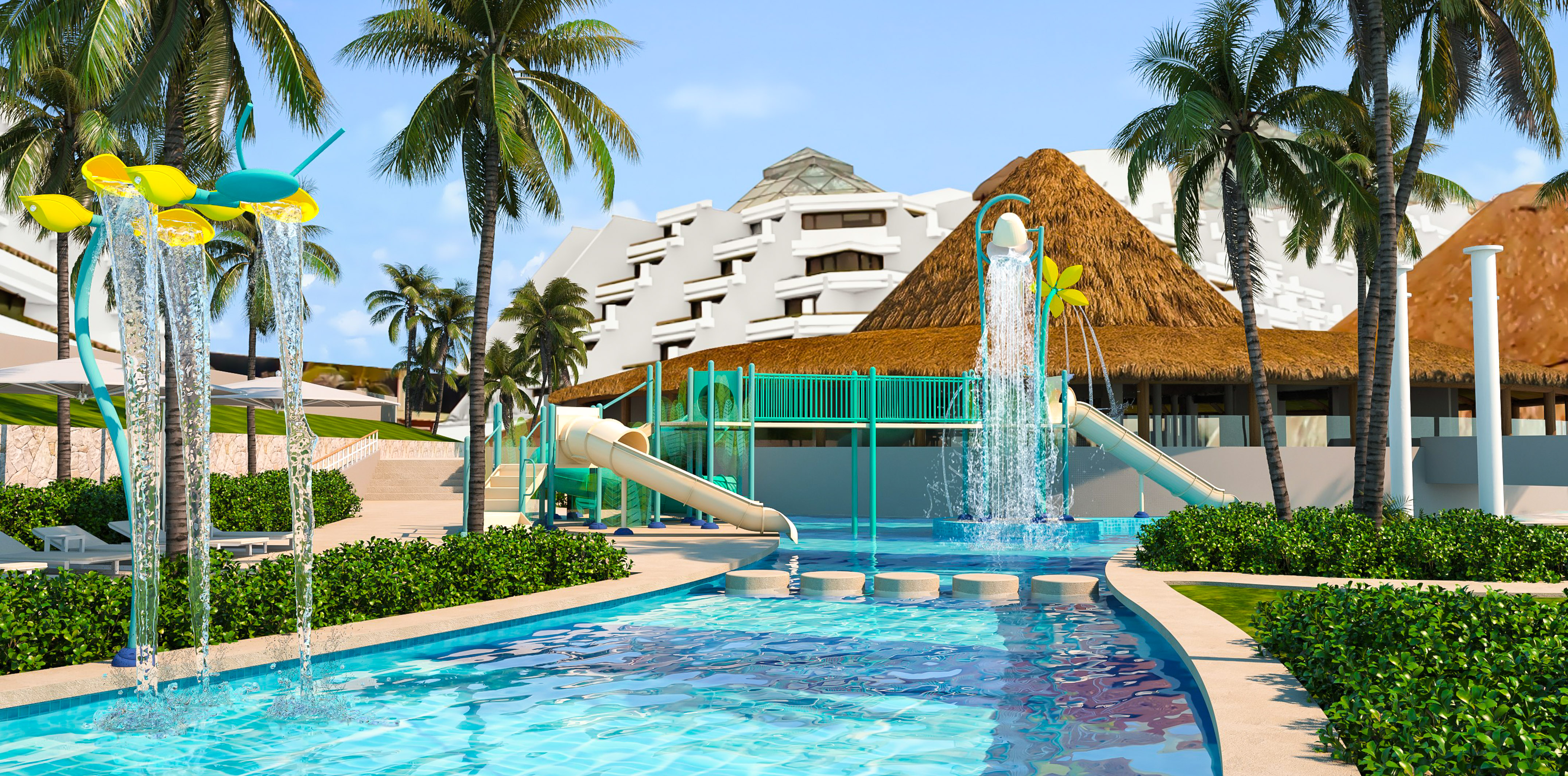 a water park with a slide and a pool