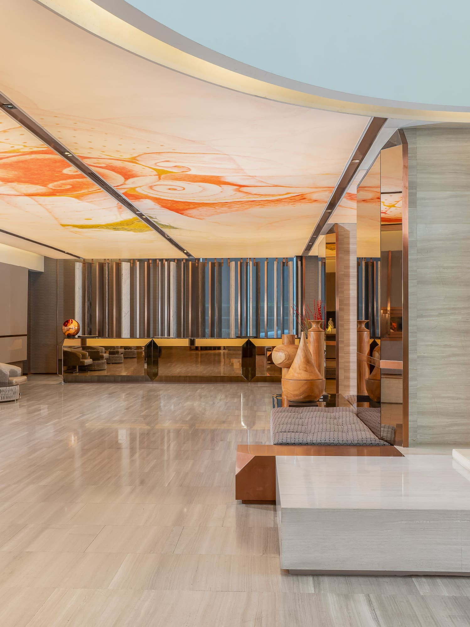 Spacious modern hotel lobby with marble floors and artistic backlit ceiling. - The Kasem House Bangkok Hotel Affiliated by Meliá, Bangkok
