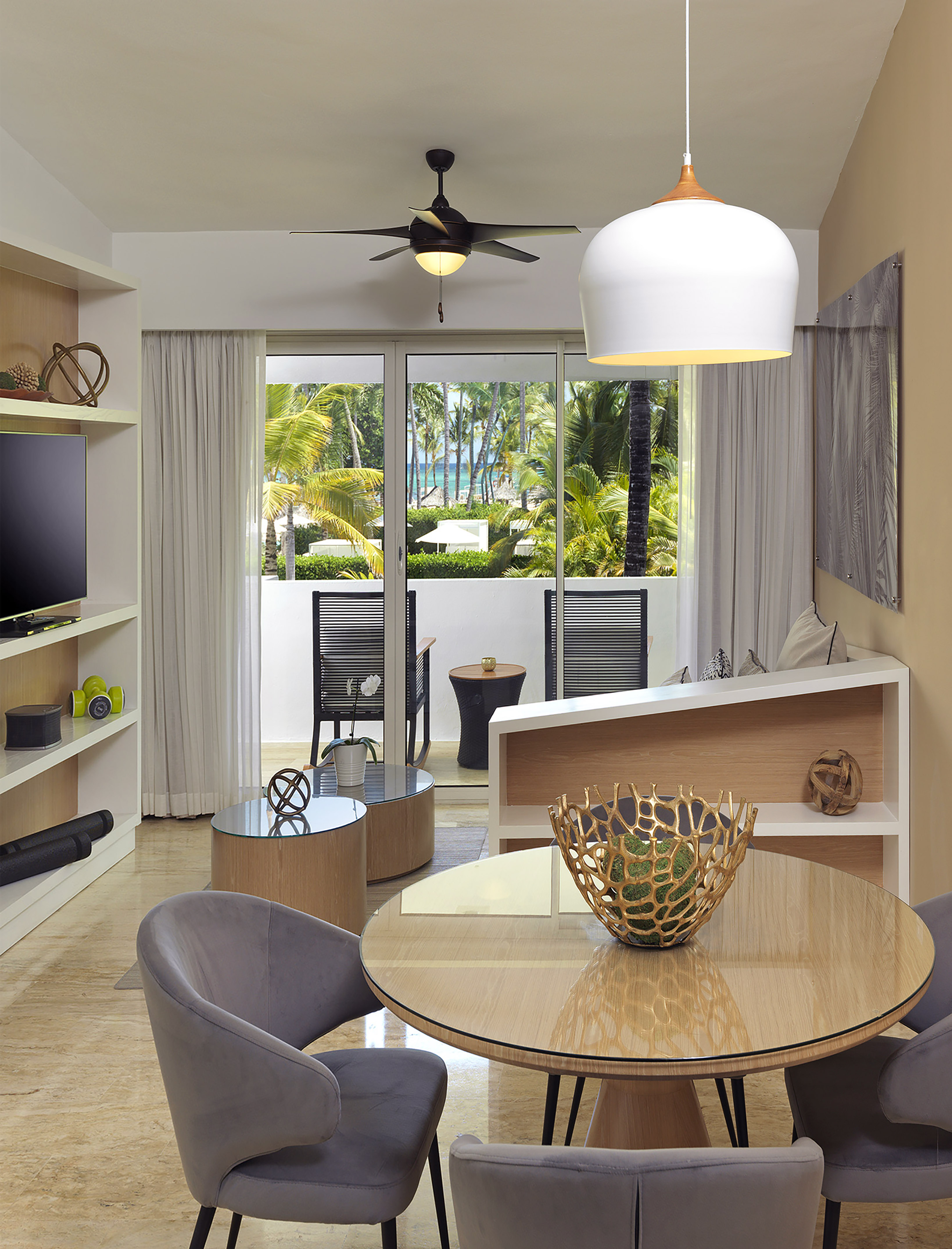 a room with a table and chairs