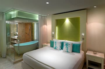 a bedroom with a bathtub and a bed
