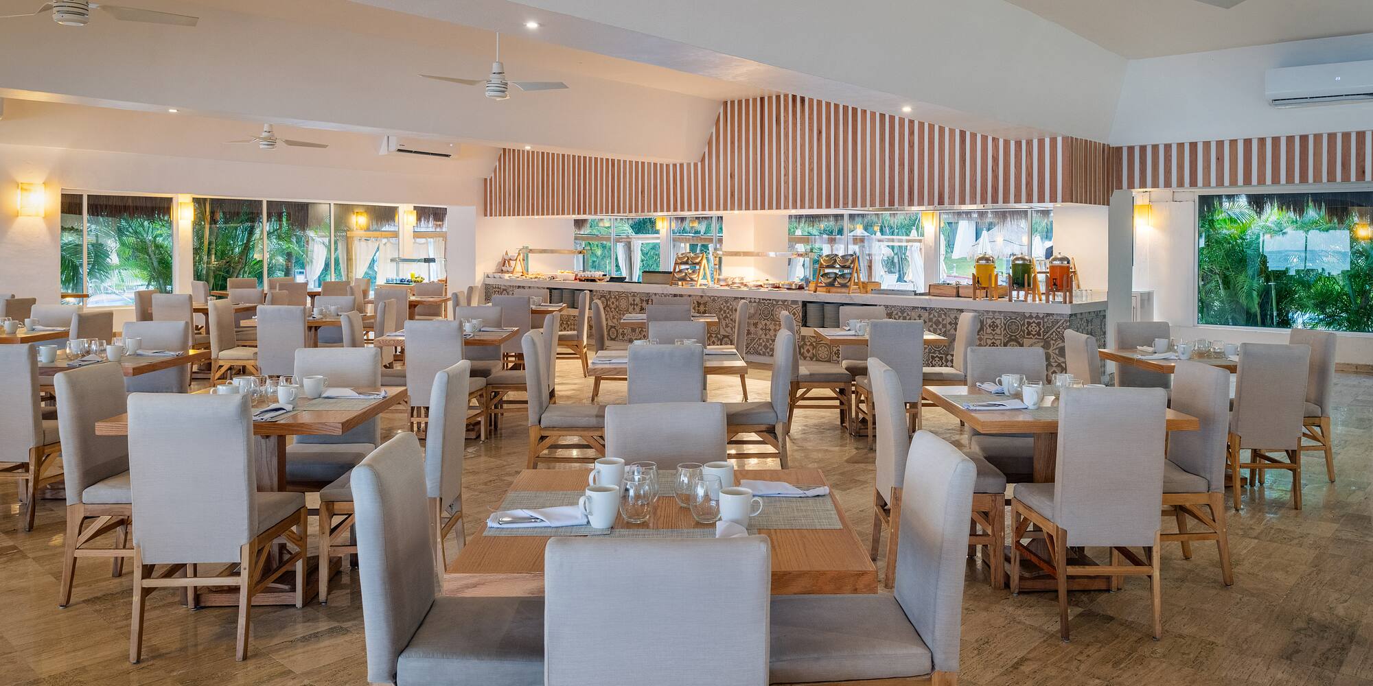 a room with tables and chairs