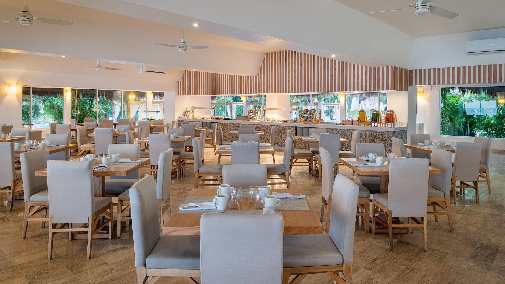 a room with tables and chairs