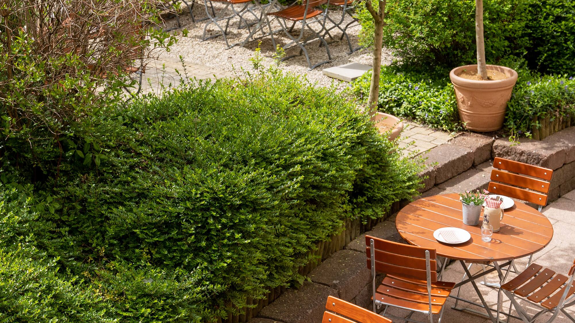 a table and chairs outside with trees and bushes