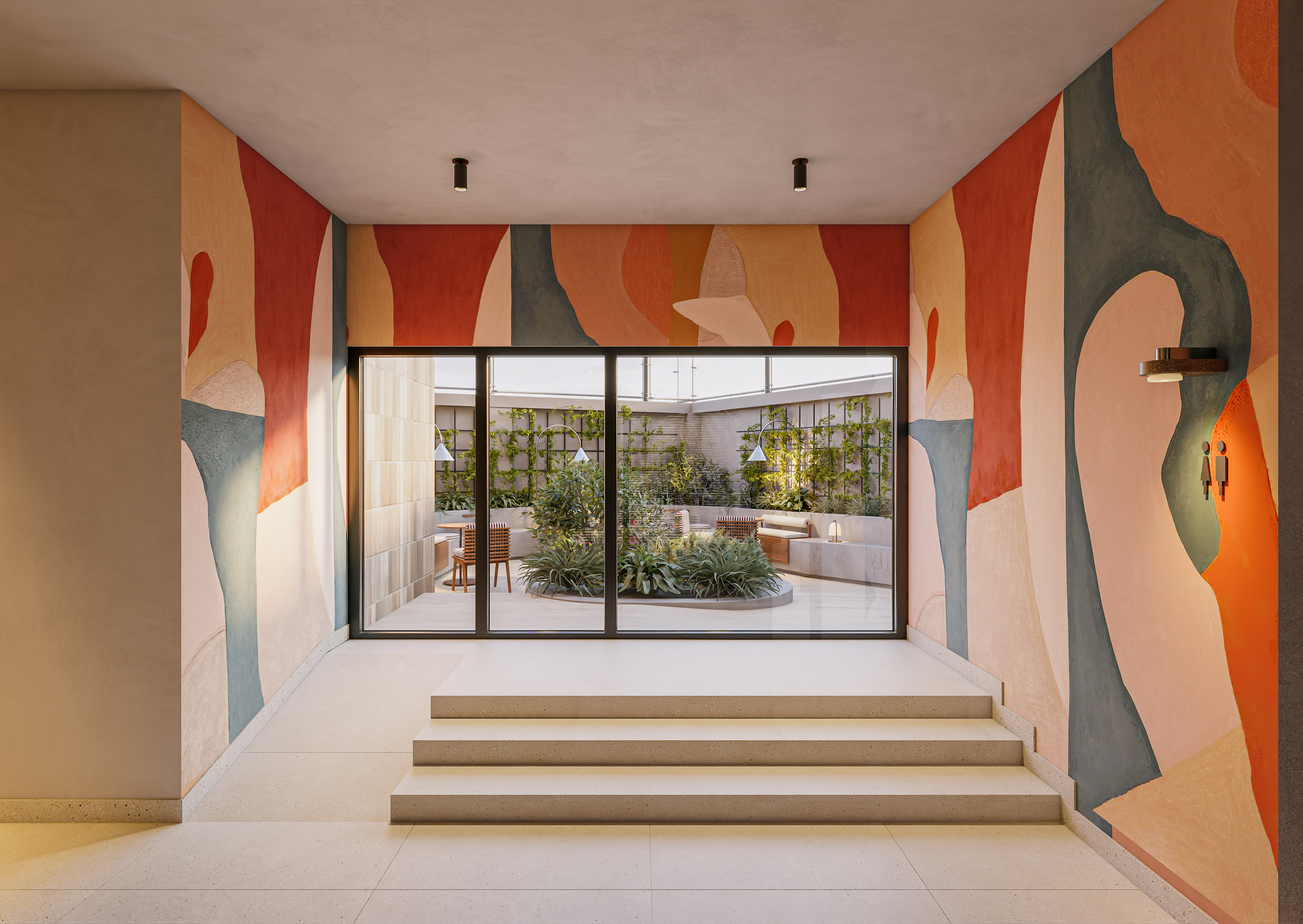 Colorful abstract mural in modern entryway, leading to green outdoor patio.