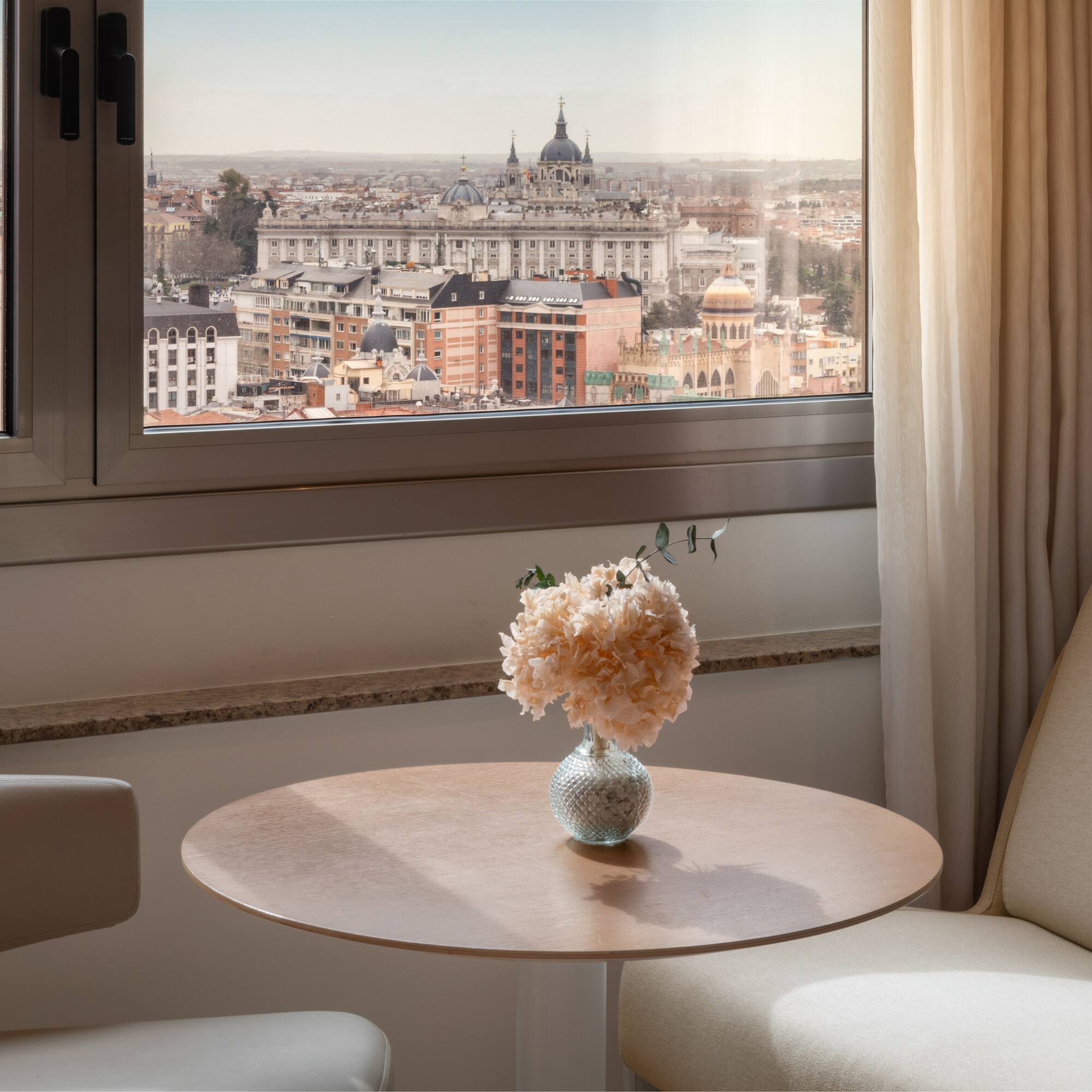 Madrid city view from hotel window, Almudena Cathedral, Royal Palace, flowers.