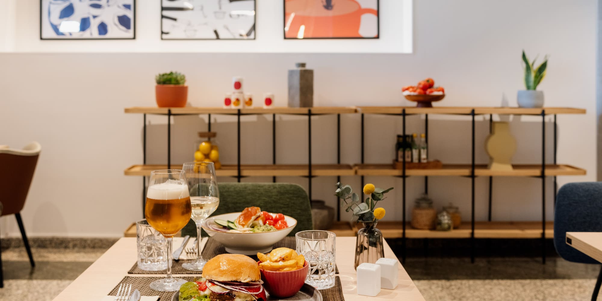 a table with food and drinks on it