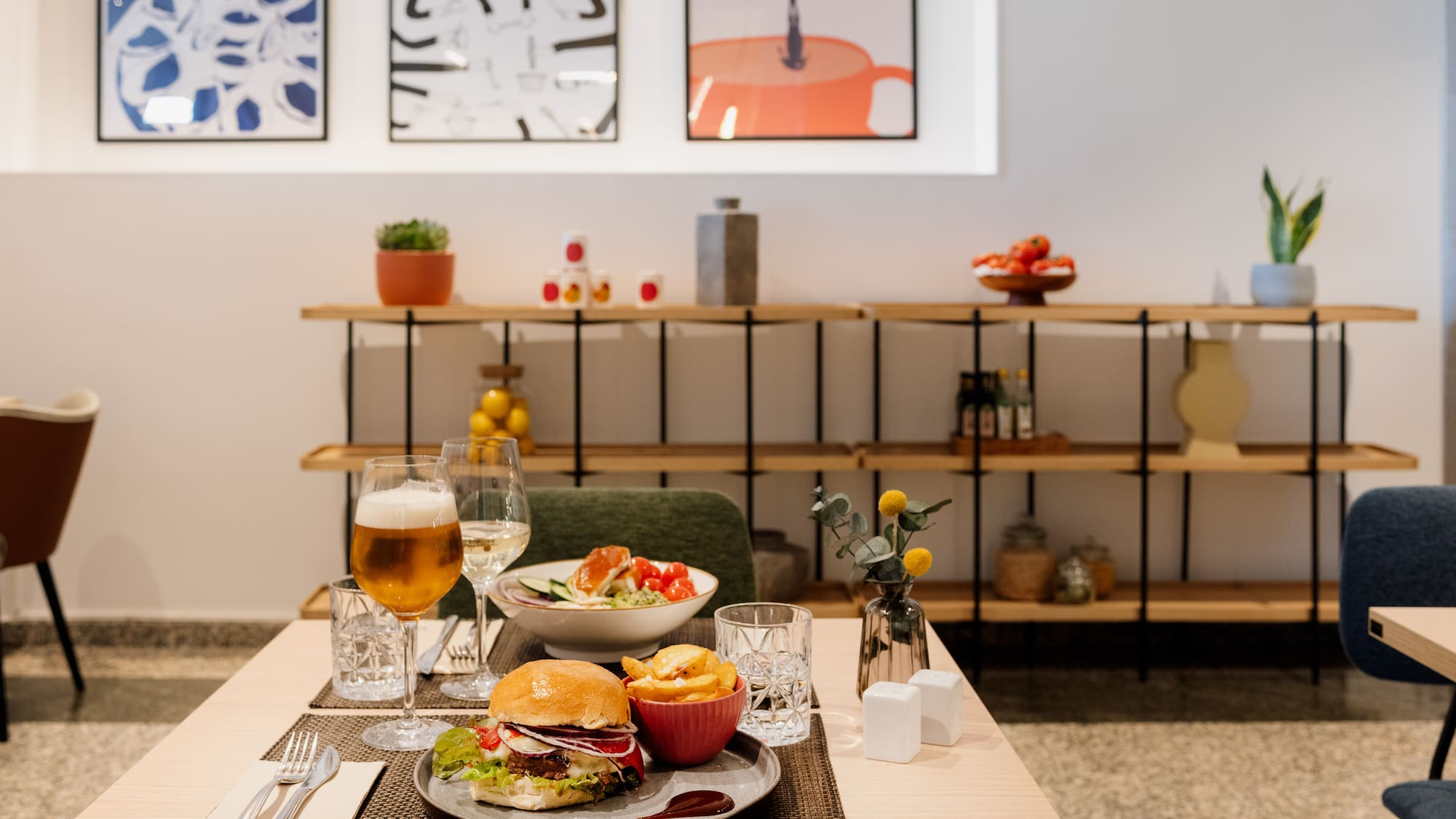 a table with food and drinks on it