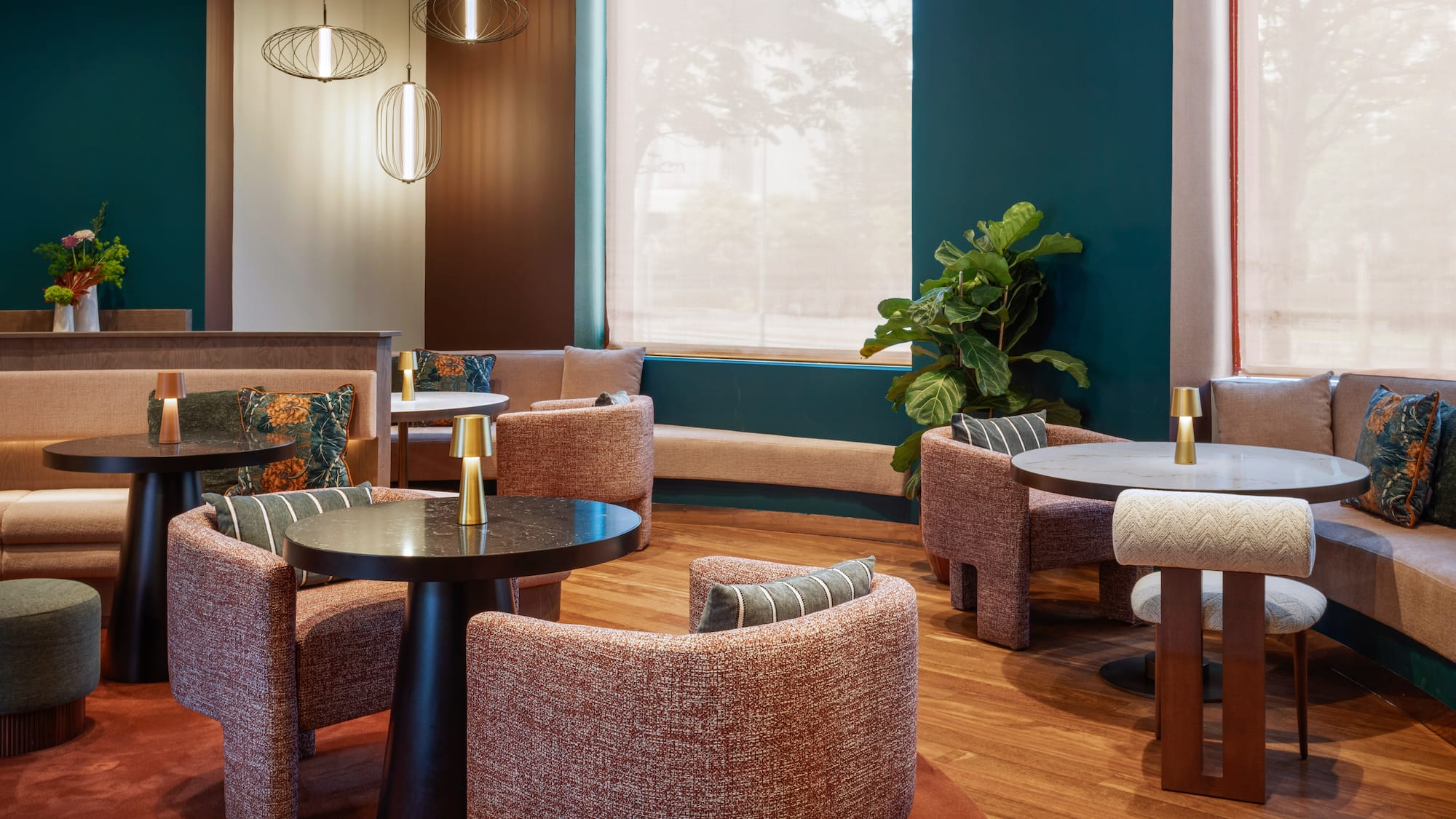 a room with tables and chairs