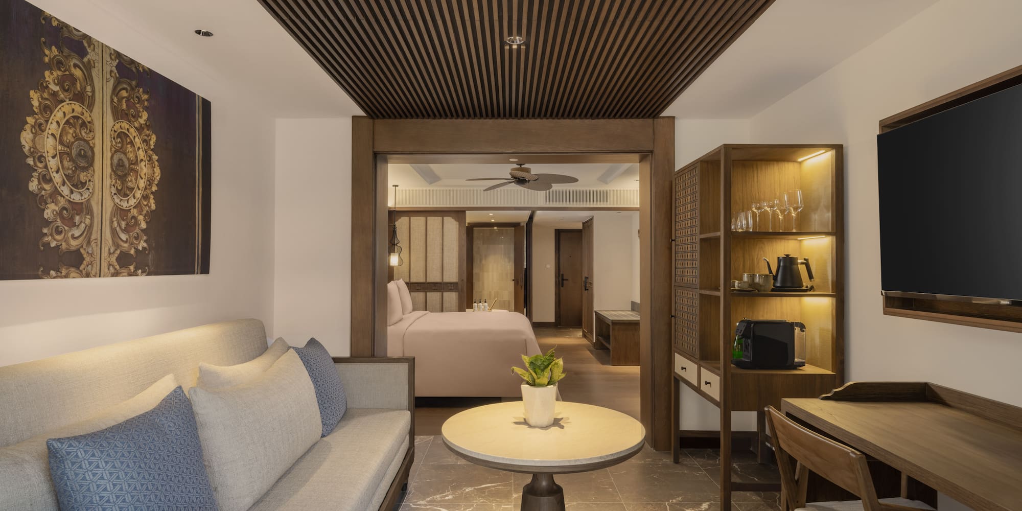 a room with a couch and a table