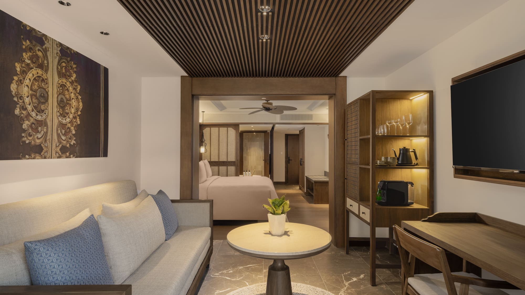 a room with a couch and a table