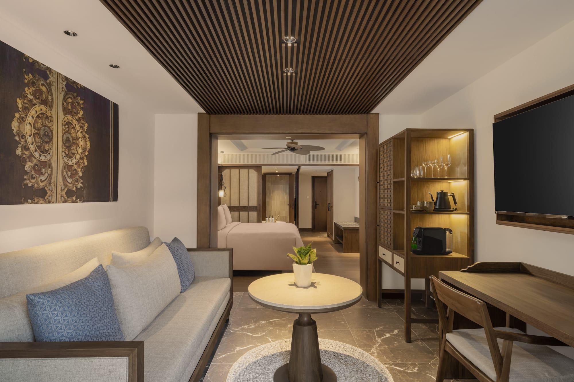 a room with a couch and a table