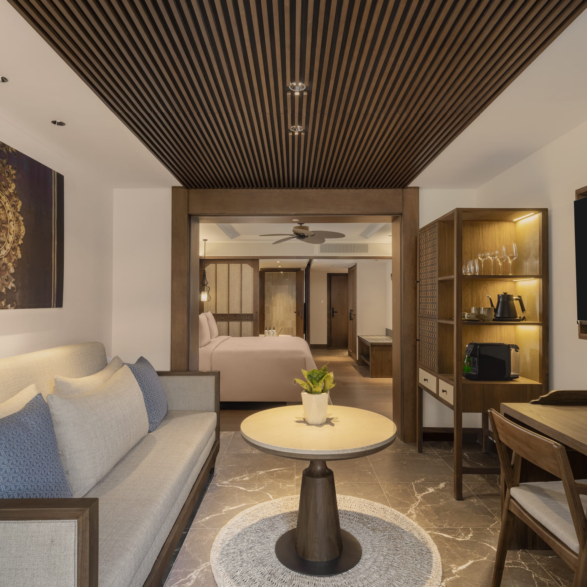 a room with a couch and a table