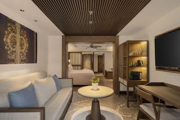 a room with a couch and a table