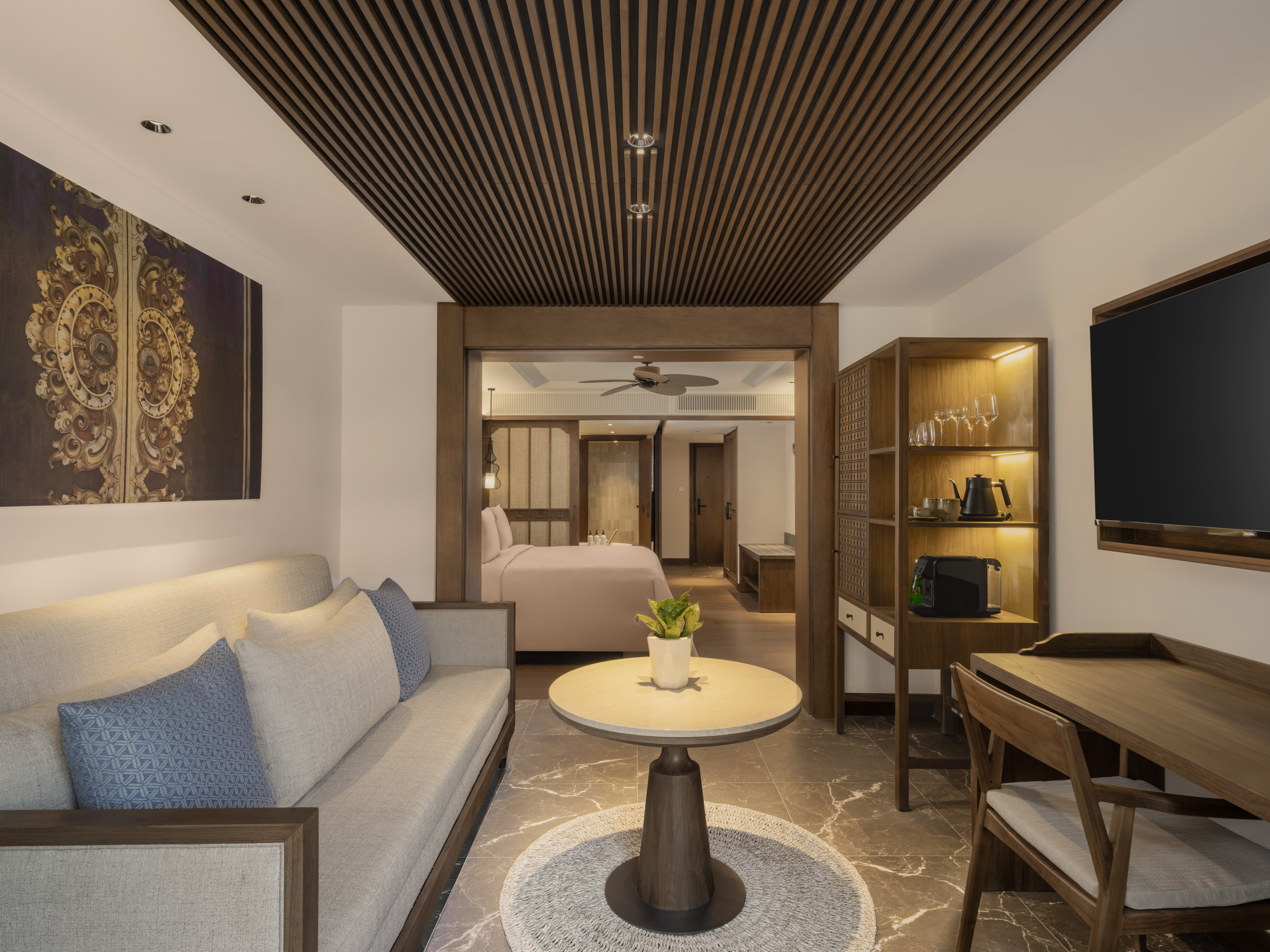 a room with a couch and a table