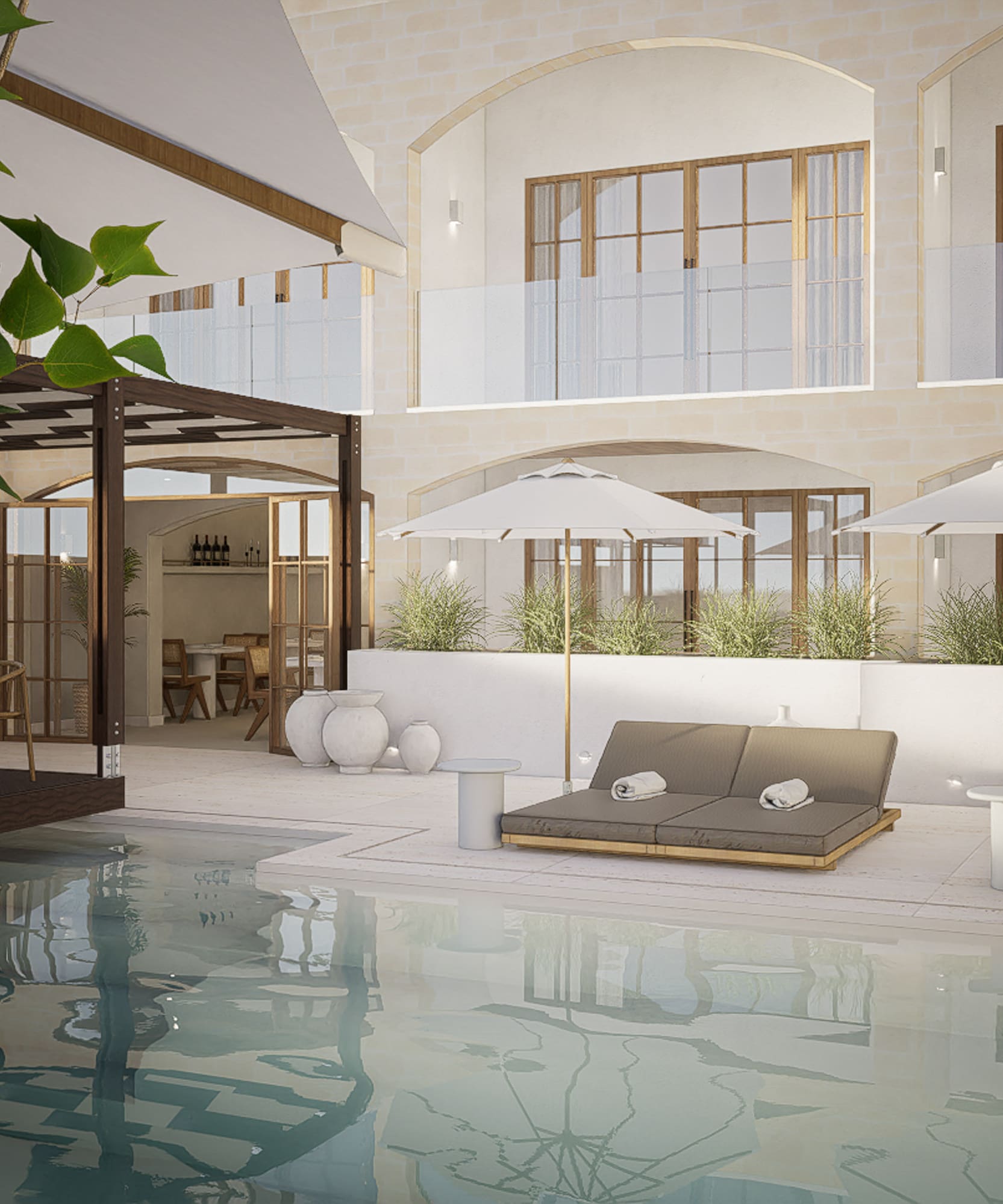 Mediterranean hotel pool, shaded loungers, and outdoor restaurant patio.