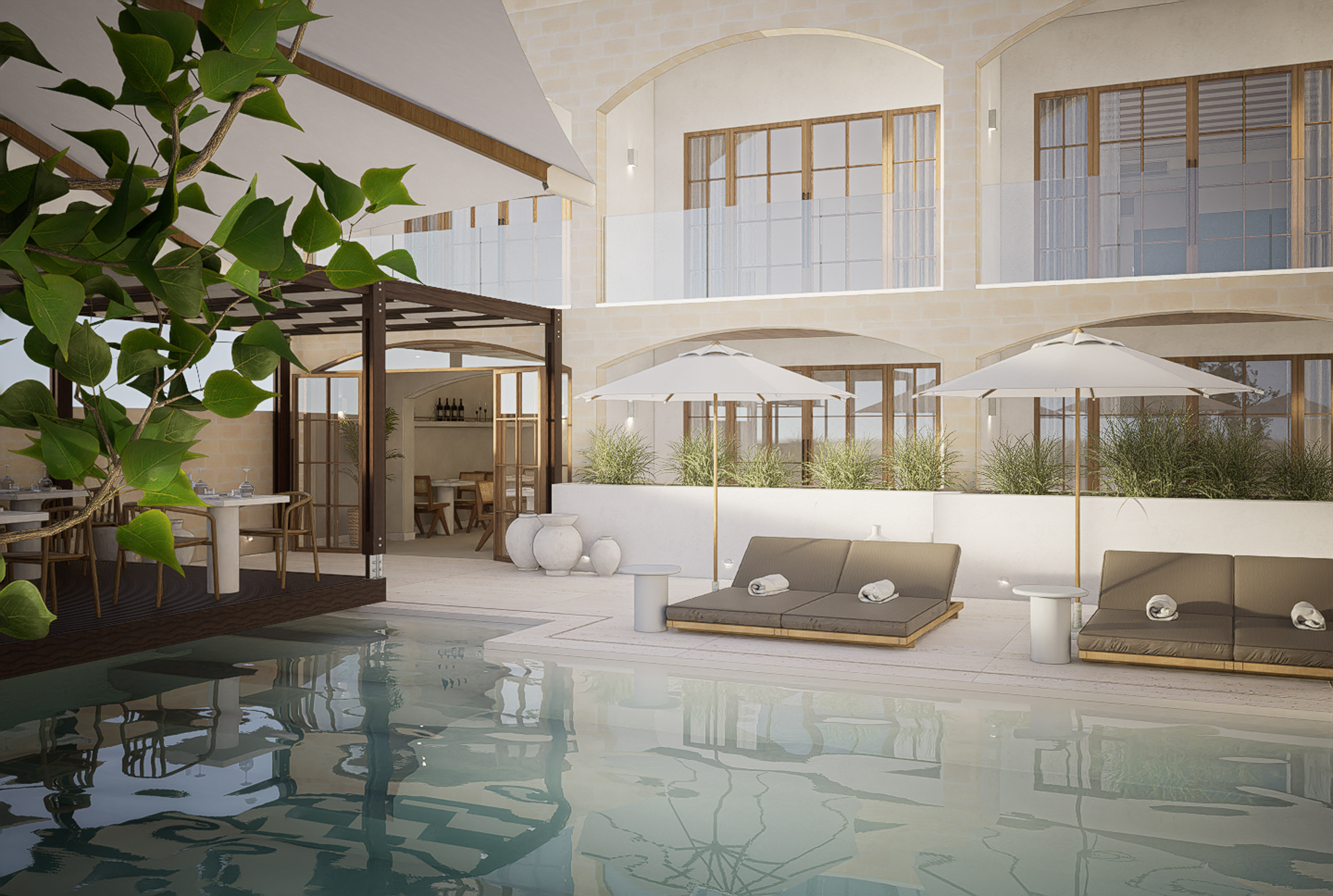 Mediterranean hotel pool, shaded loungers, and outdoor restaurant patio.