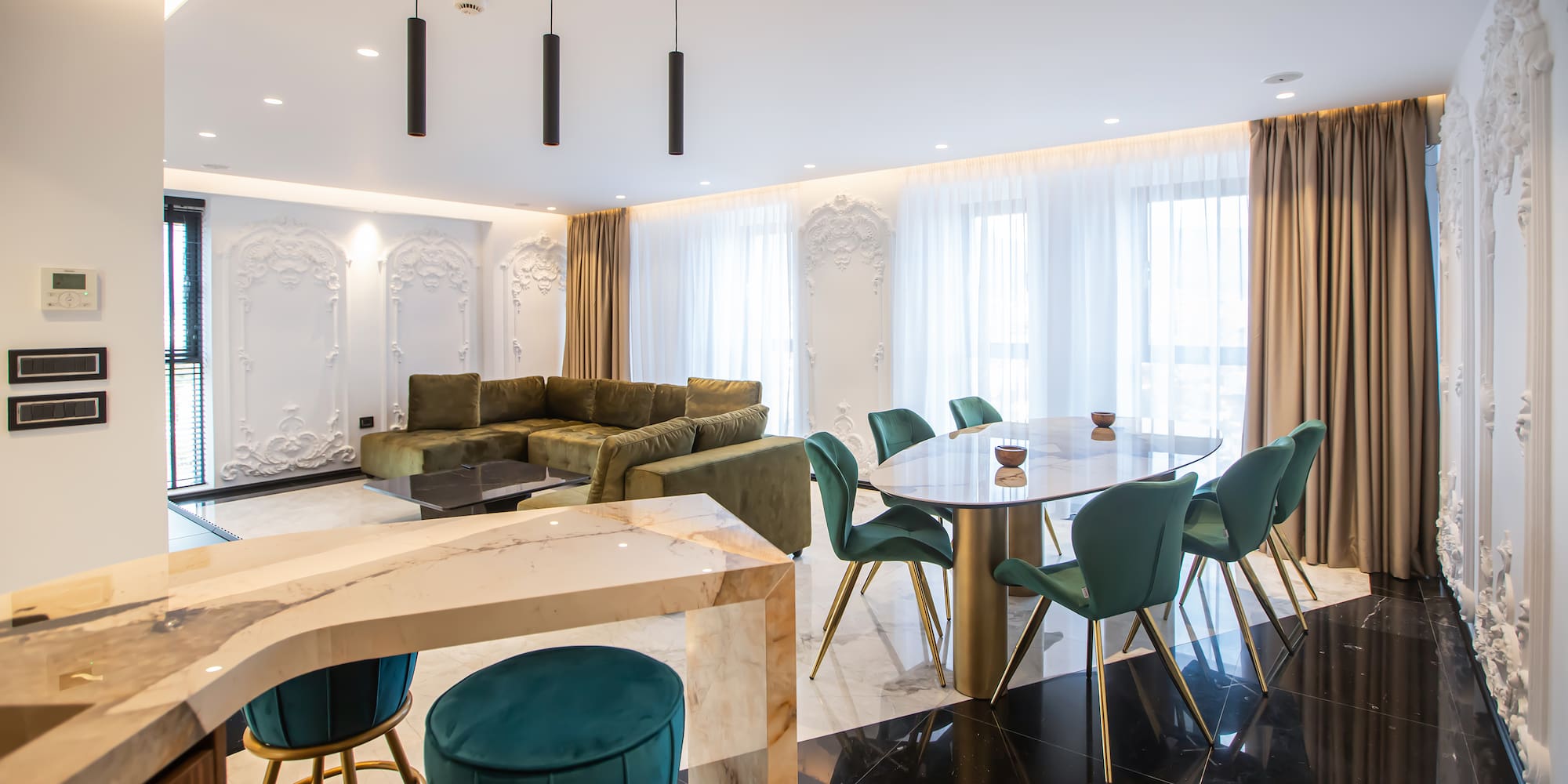 a room with a table and chairs