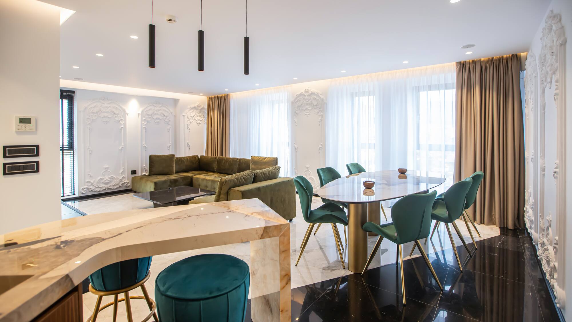 a room with a table and chairs