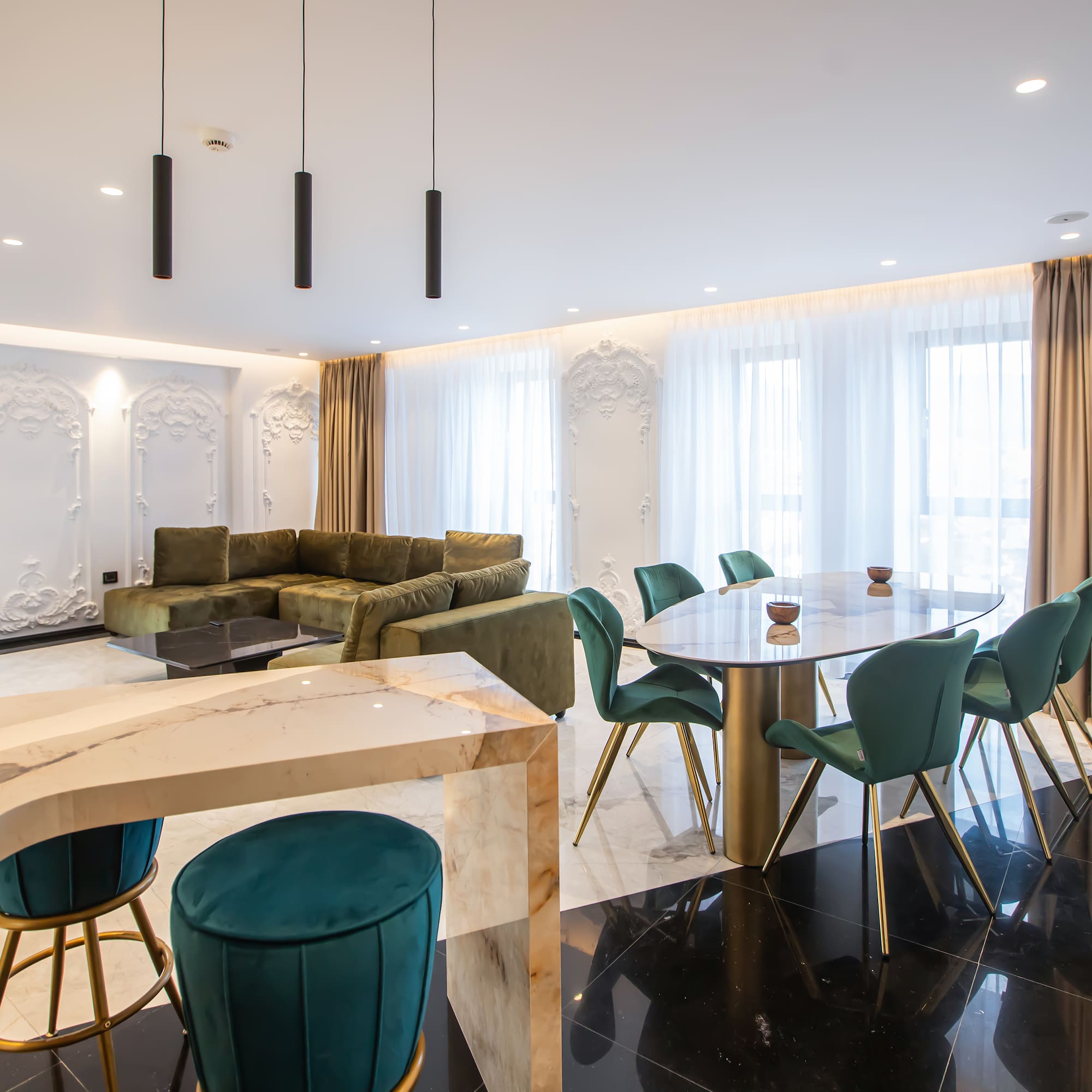 a room with a table and chairs