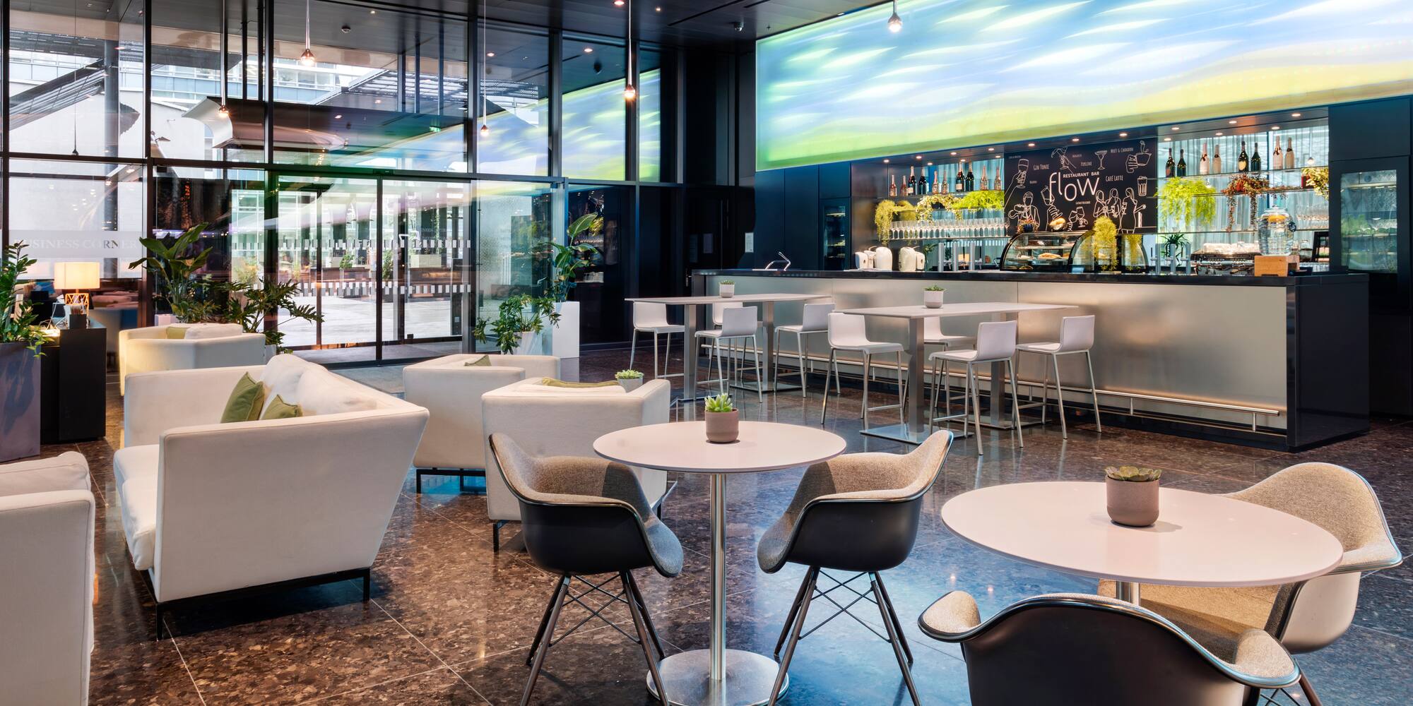 a room with tables and chairs