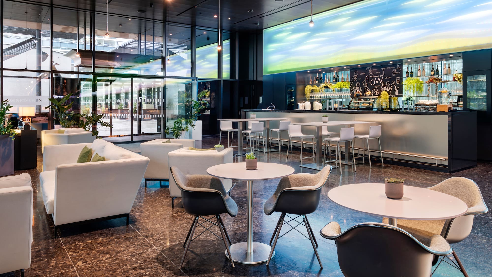 a room with tables and chairs