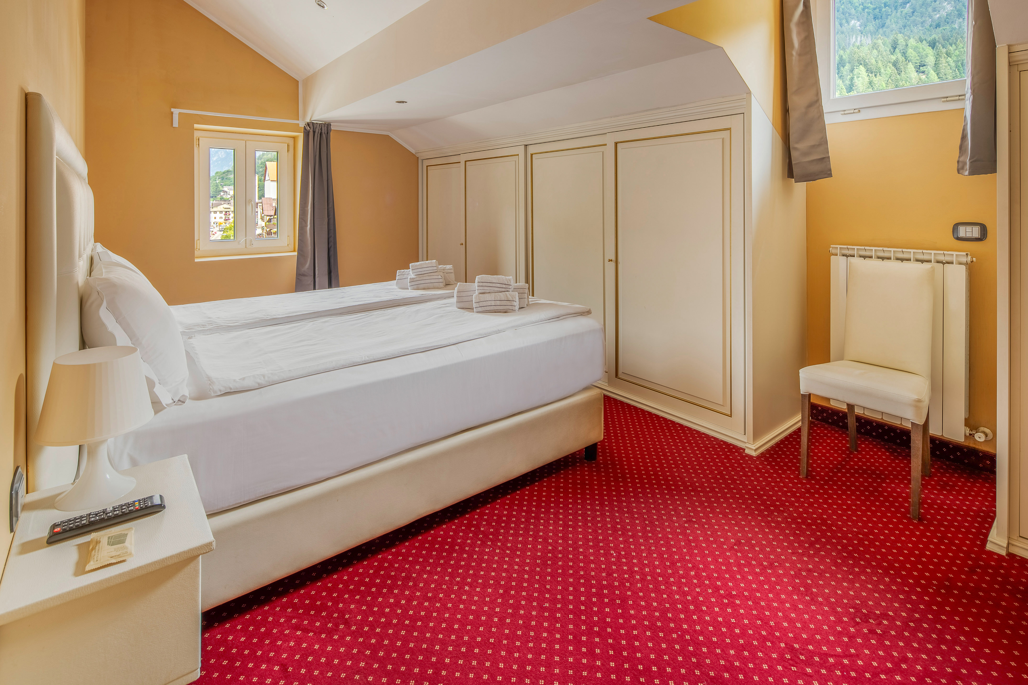 Hotel room with white bed, red carpet, mountain view window, and wardrobes.
