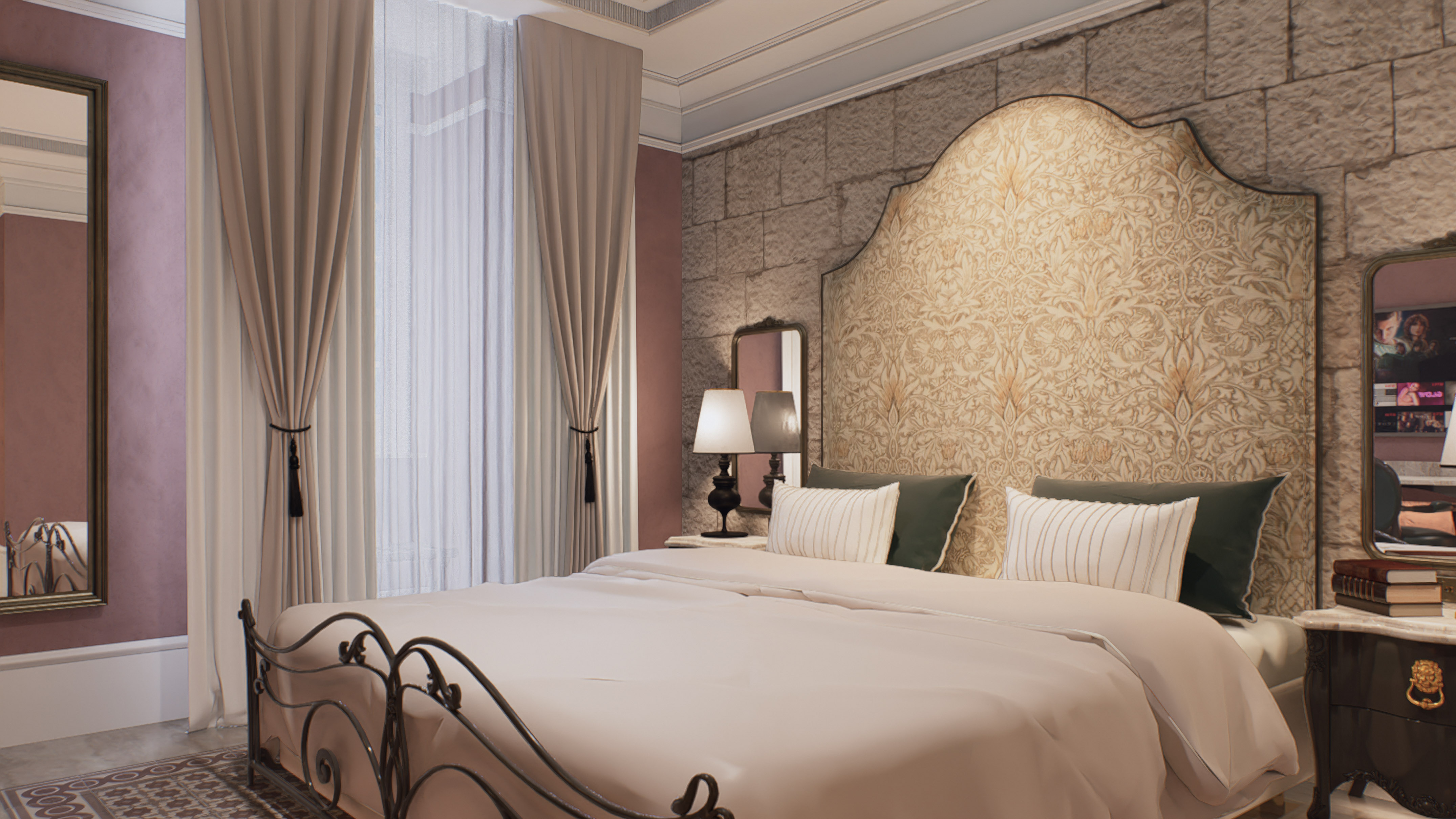 Elegant bedroom with patterned headboard, wrought iron bed, and stone wall.