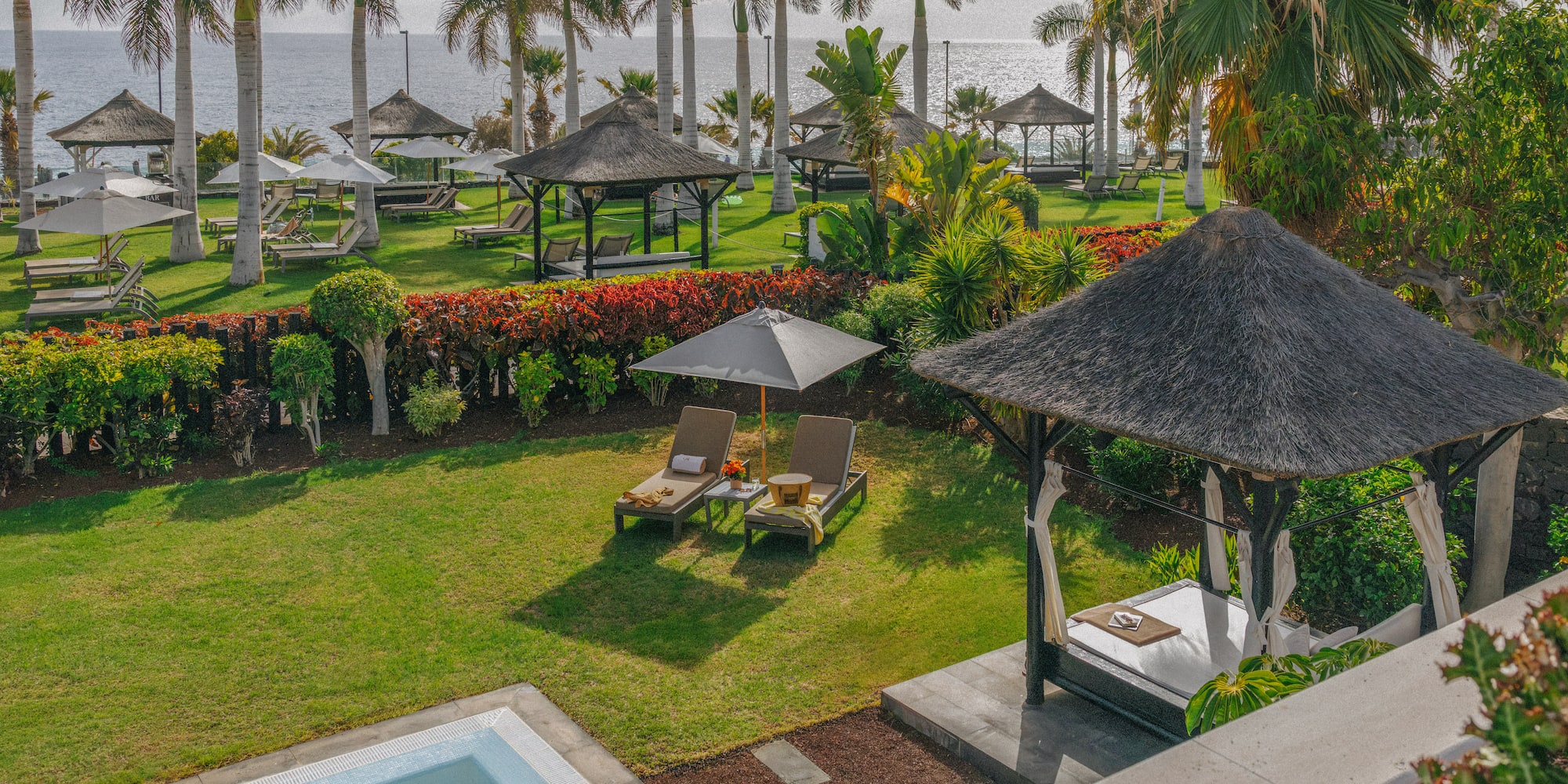 Oceanfront resort garden with palm trees, thatched gazebos, and sun loungers.