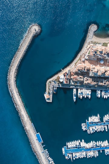 a aerial view of a harbor with boats