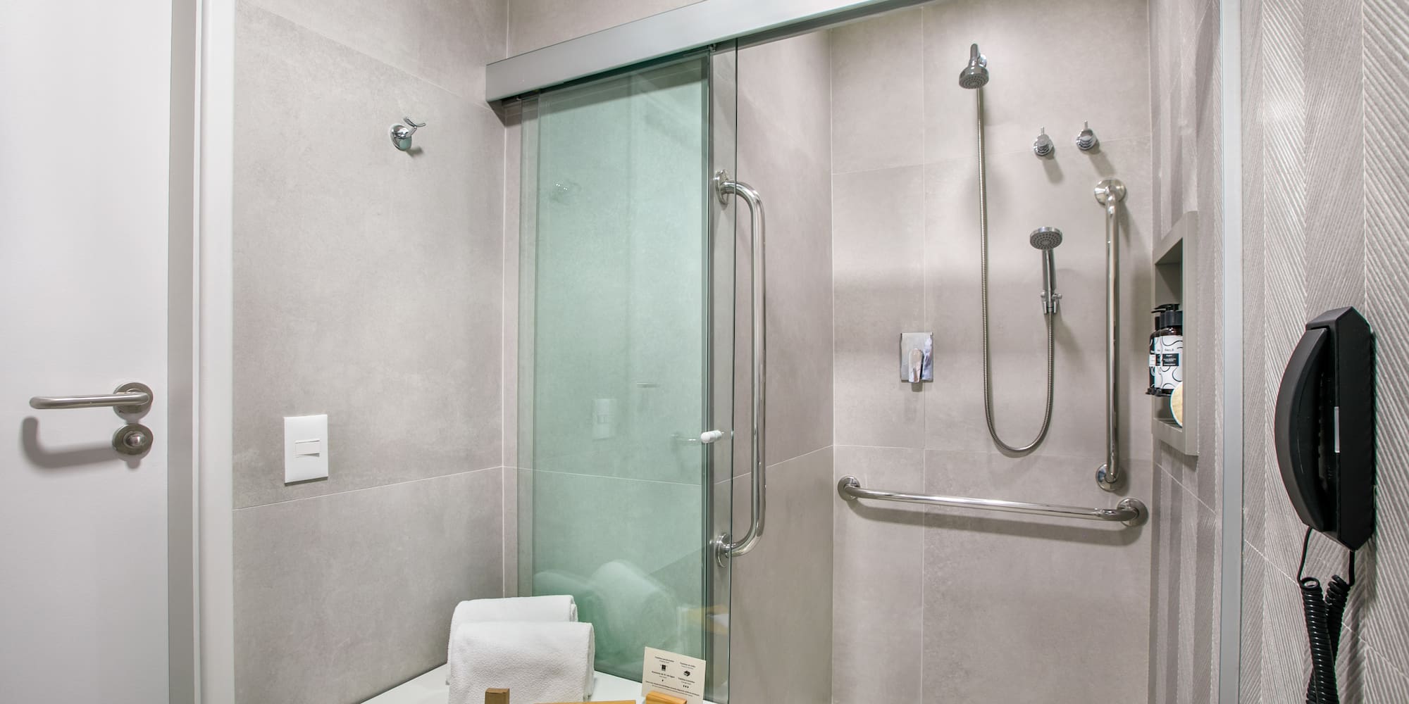a shower with a glass door