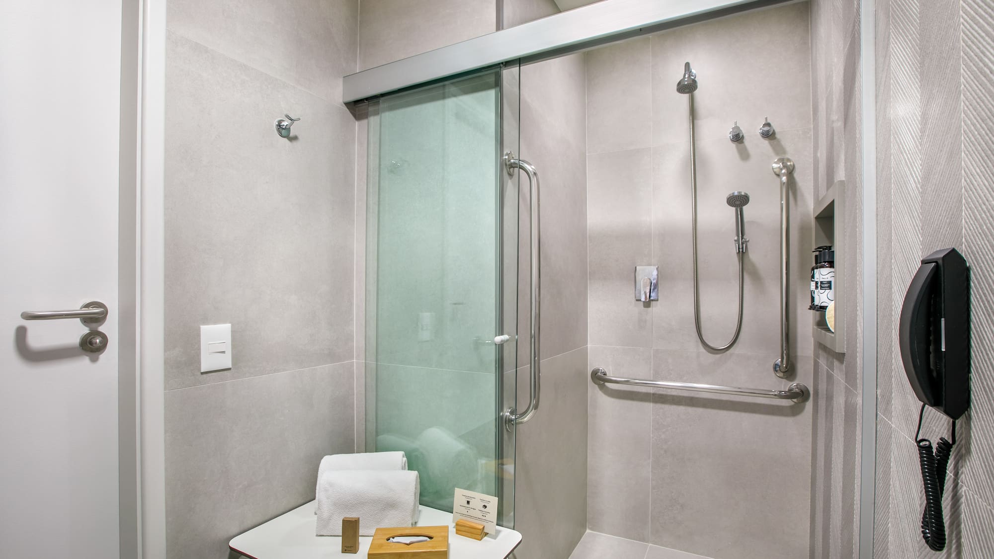 a shower with a glass door
