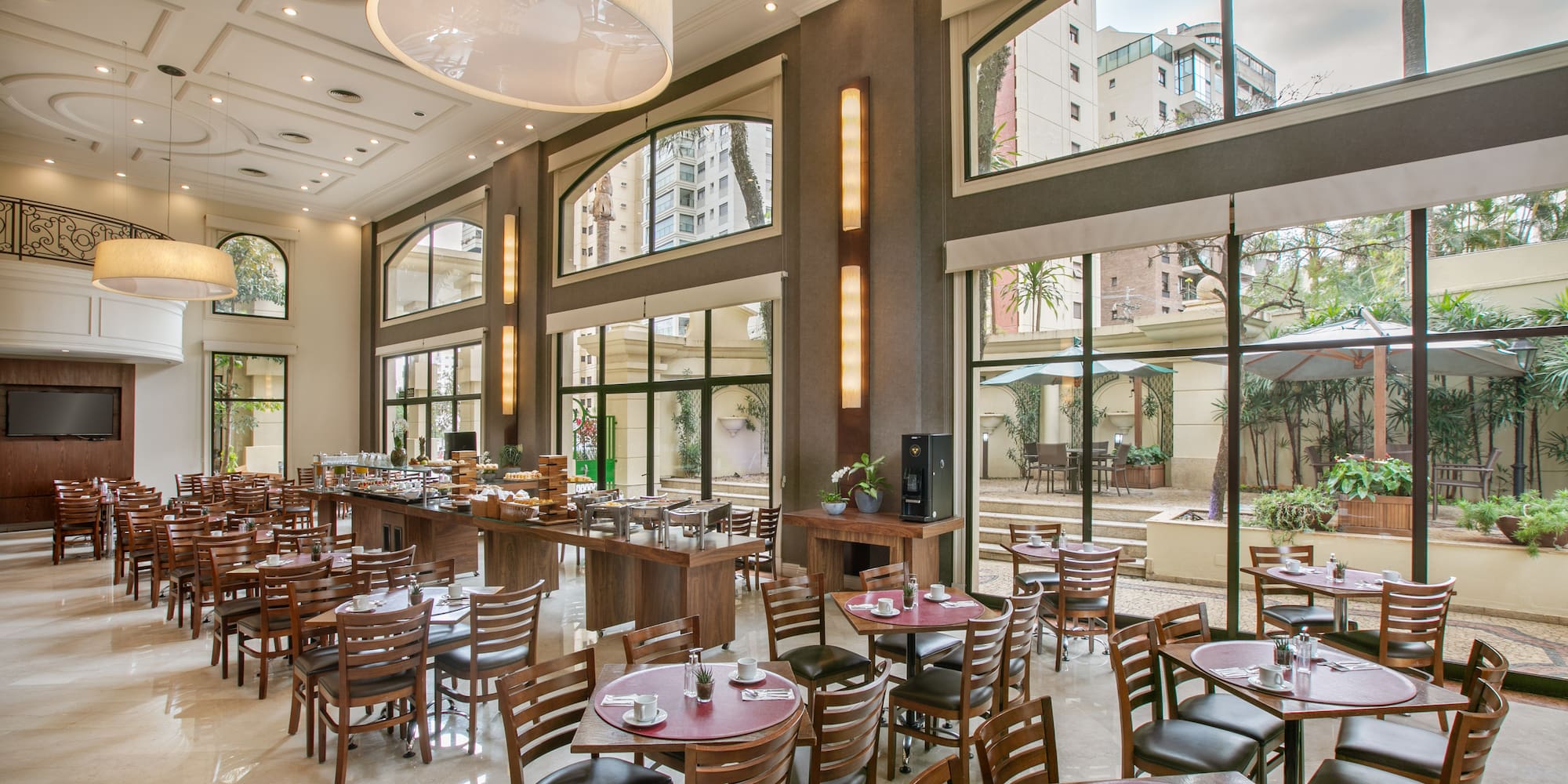 a room with tables and chairs