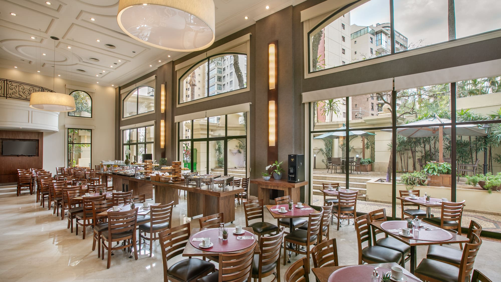 a room with tables and chairs