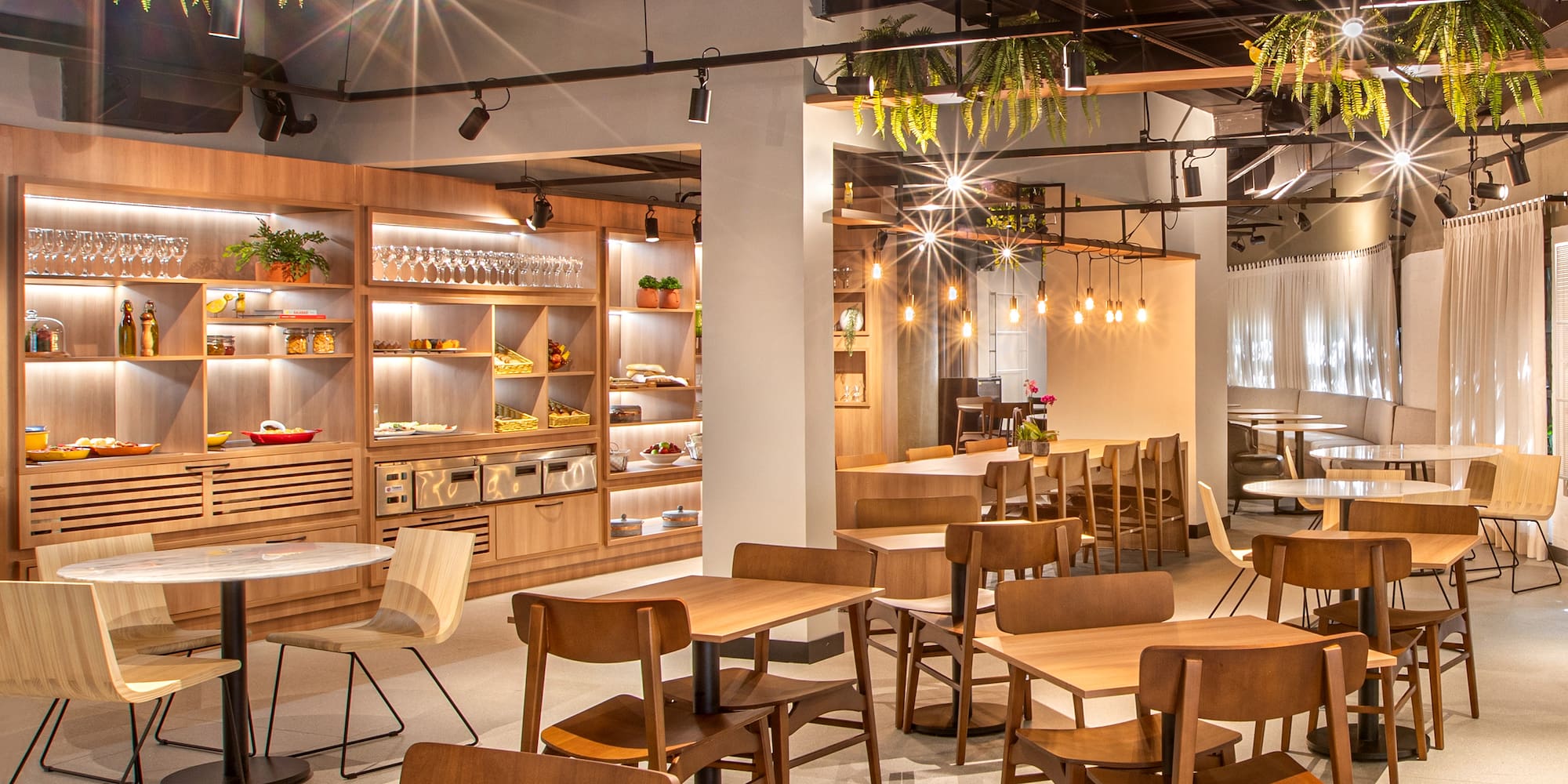 a room with tables and chairs