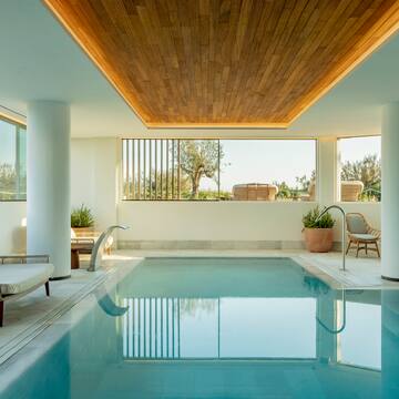 a indoor pool with a wooden ceiling and a wood ceiling