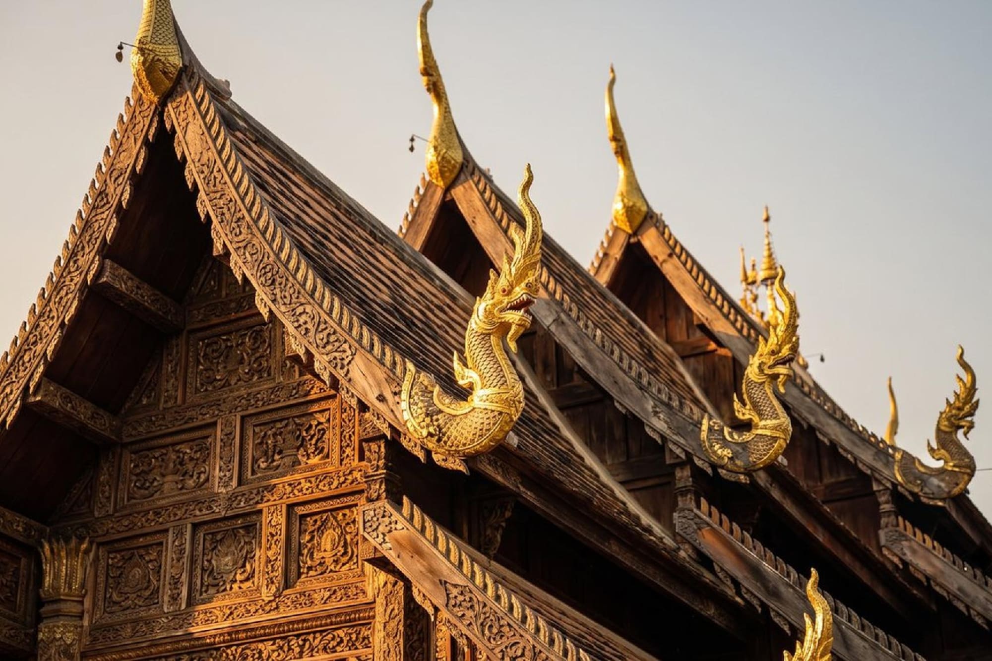Golden Naga finials on a carved wooden Thai temple roof.