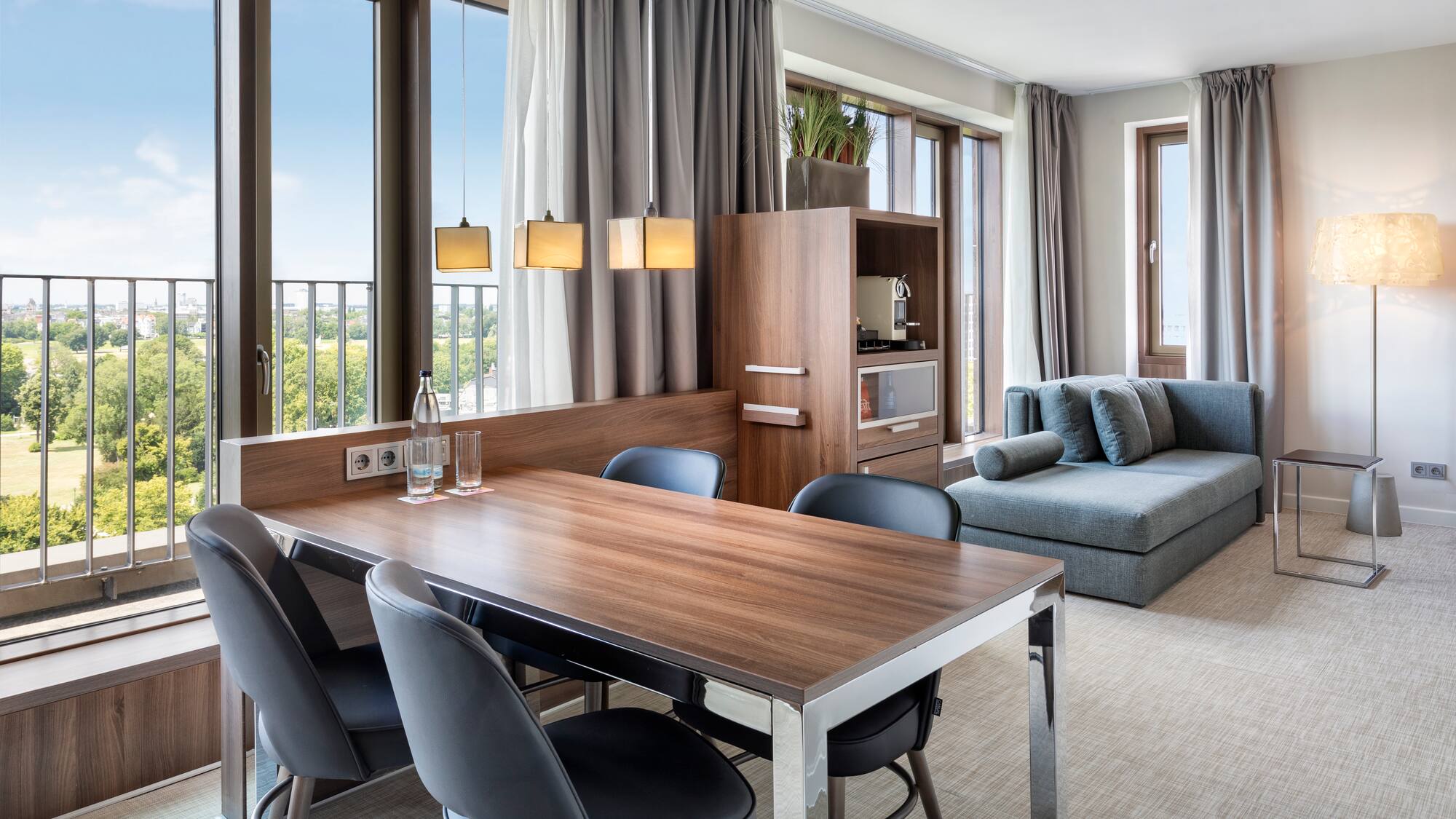 a room with a table and chairs