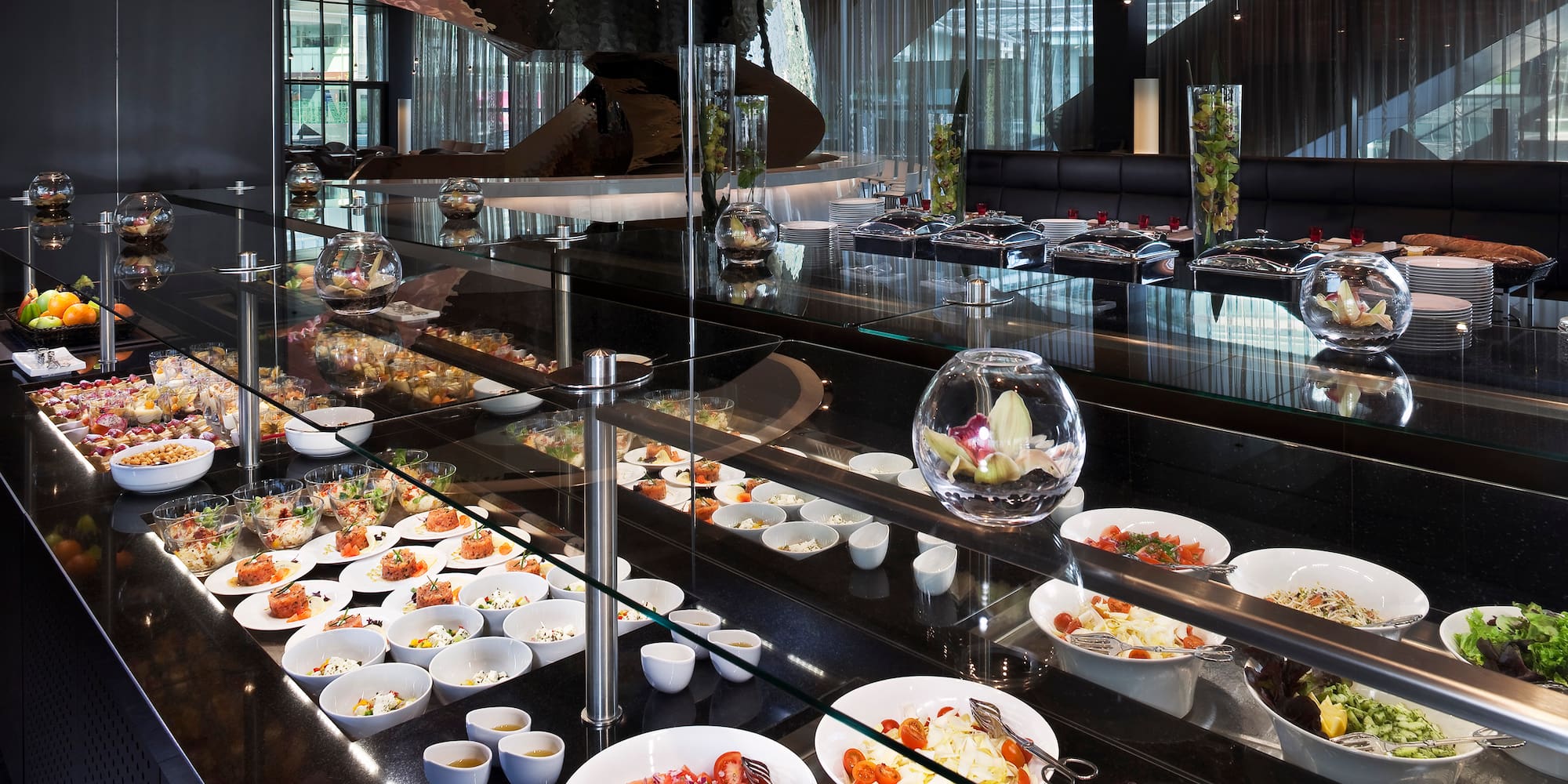 a buffet with food on the counter