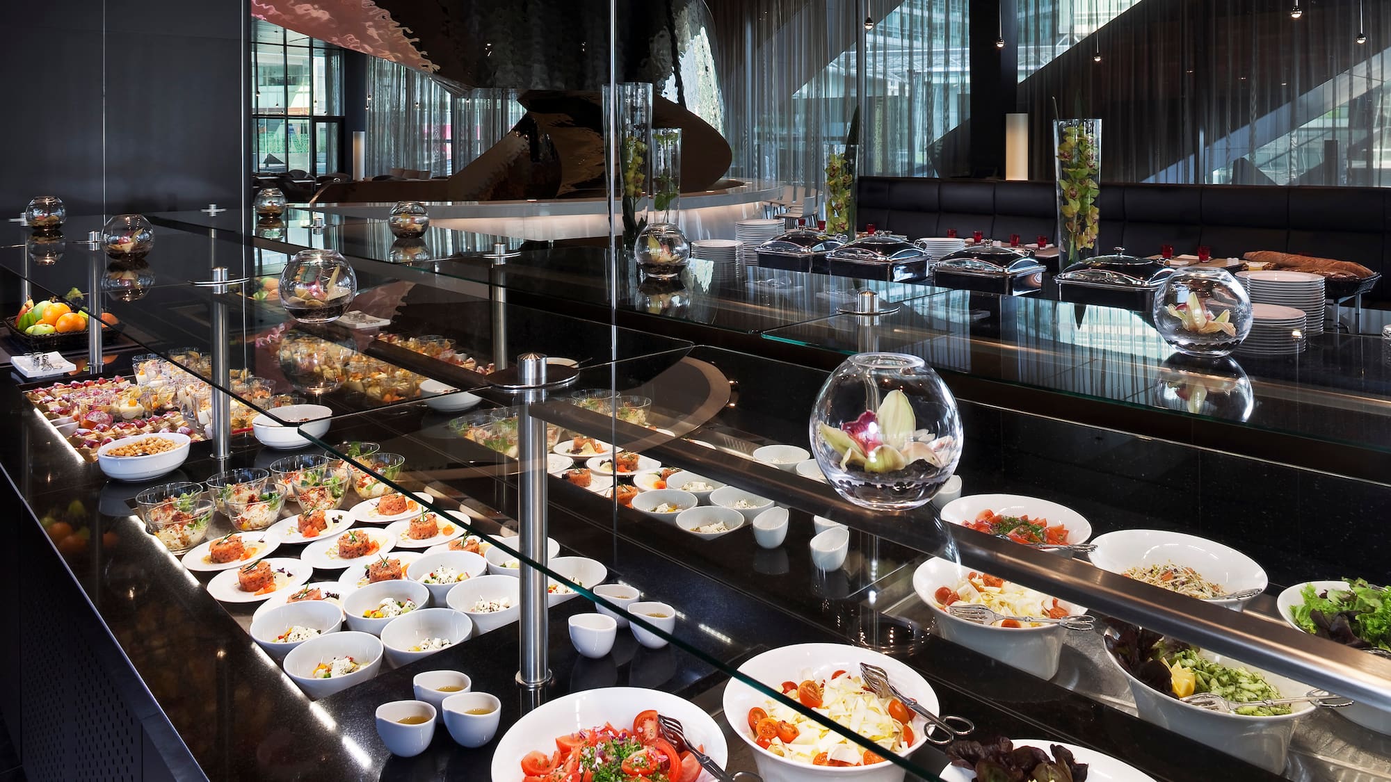 a buffet with food on the counter