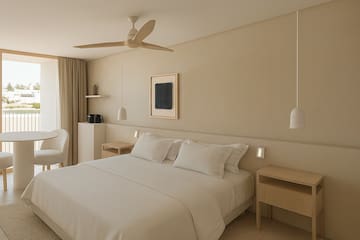 a bedroom with a ceiling fan and a bed