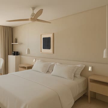 a bedroom with a ceiling fan and a bed