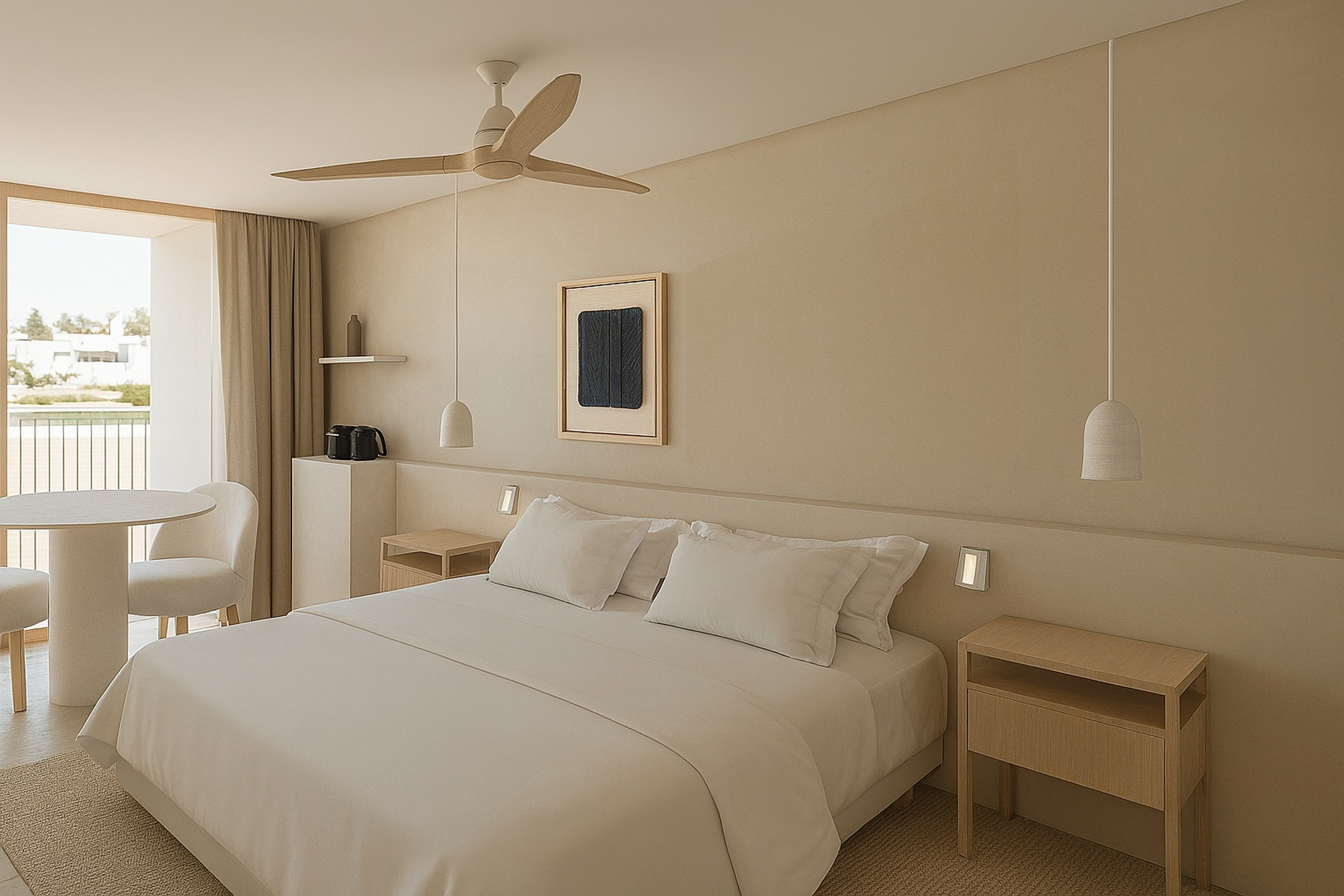 a bedroom with a ceiling fan and a bed