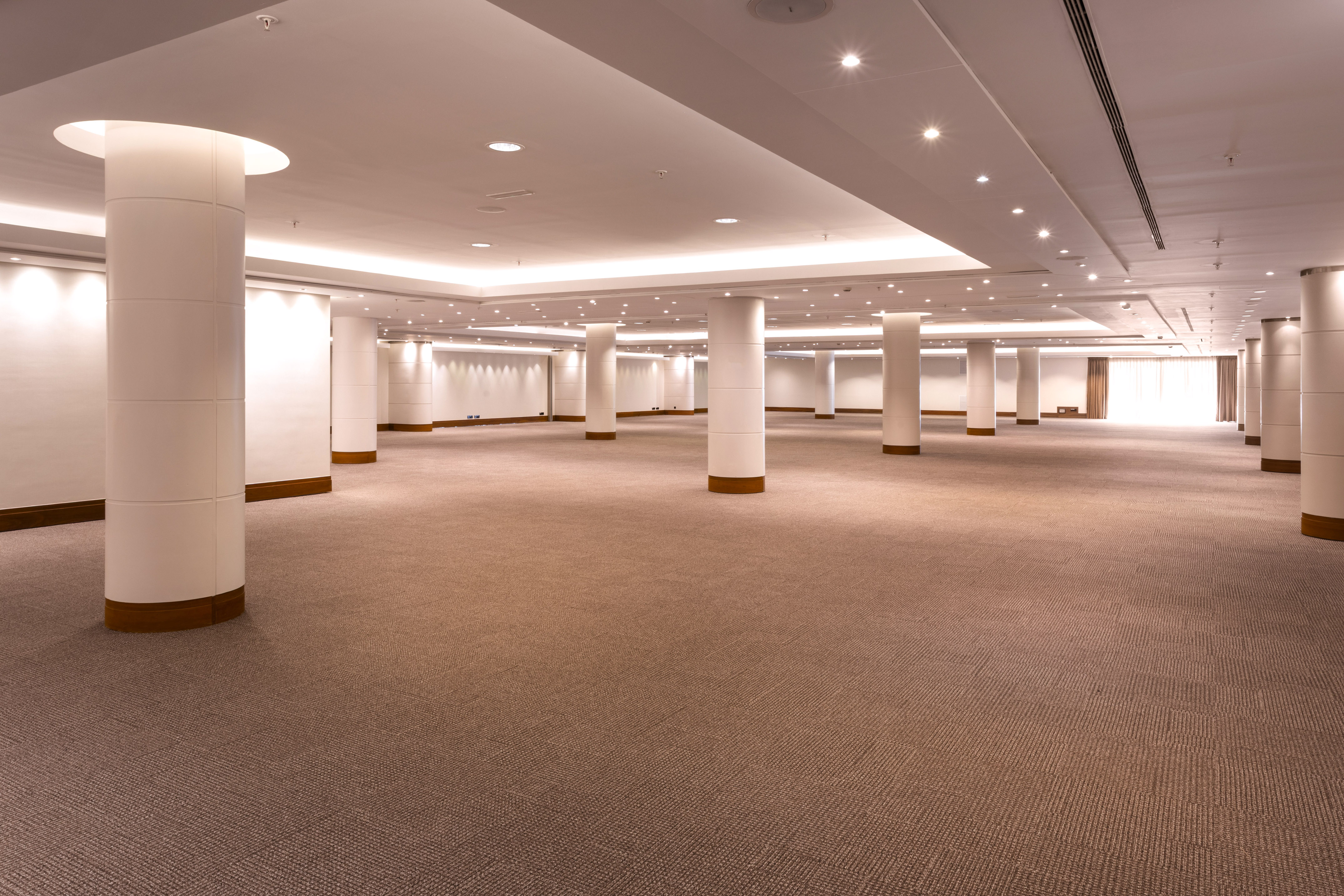 Empty ballroom or conference hall with white pillars, carpet, and modern lighting.