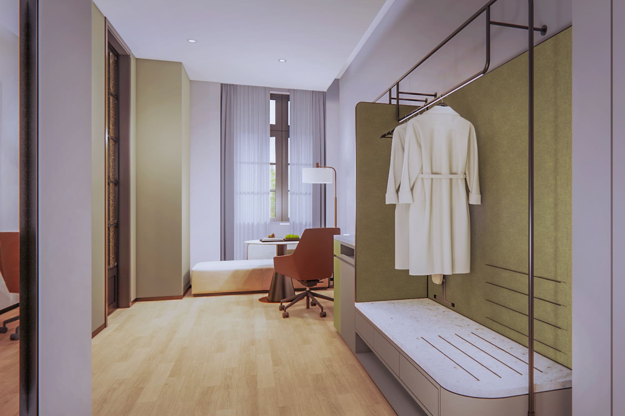 a room with a white robe on a rack