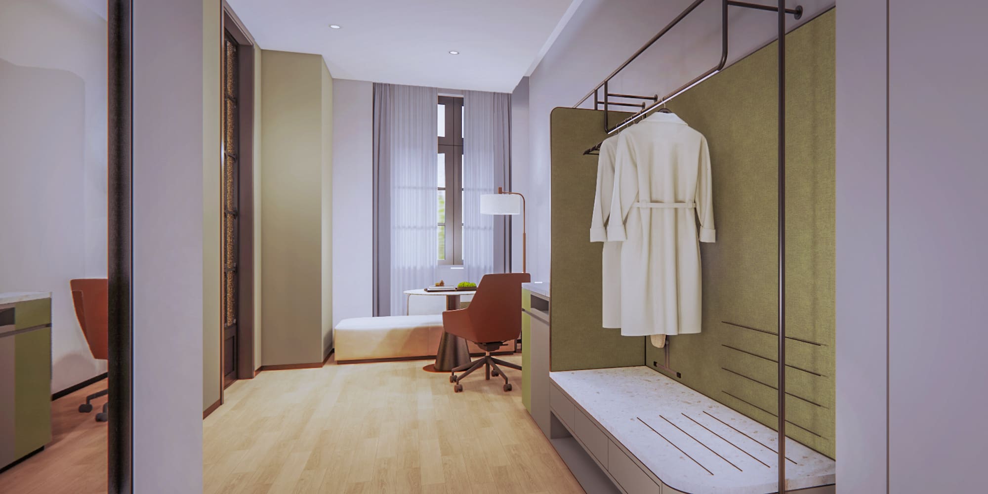 a room with a white robe on a rack