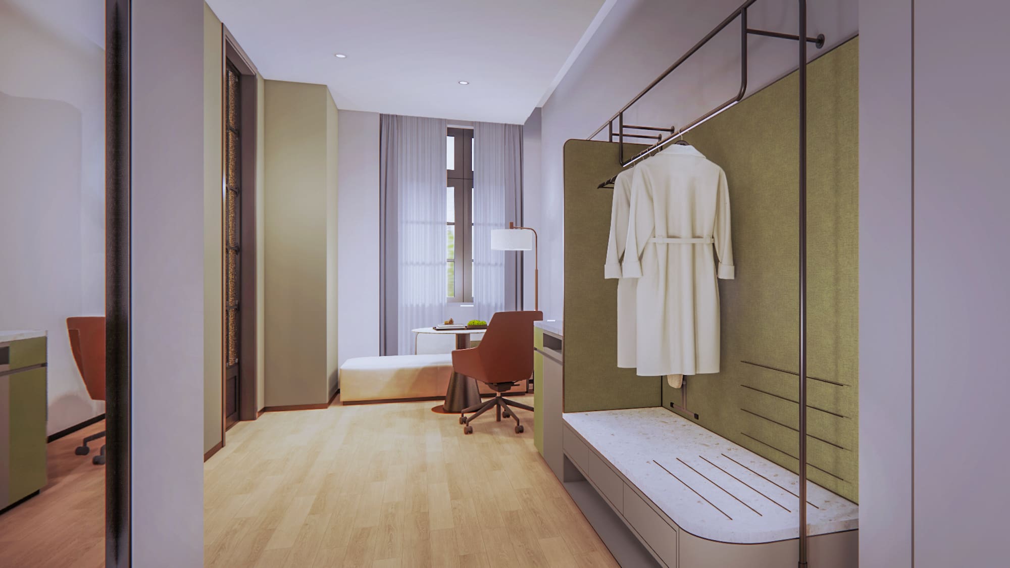 a room with a white robe on a rack