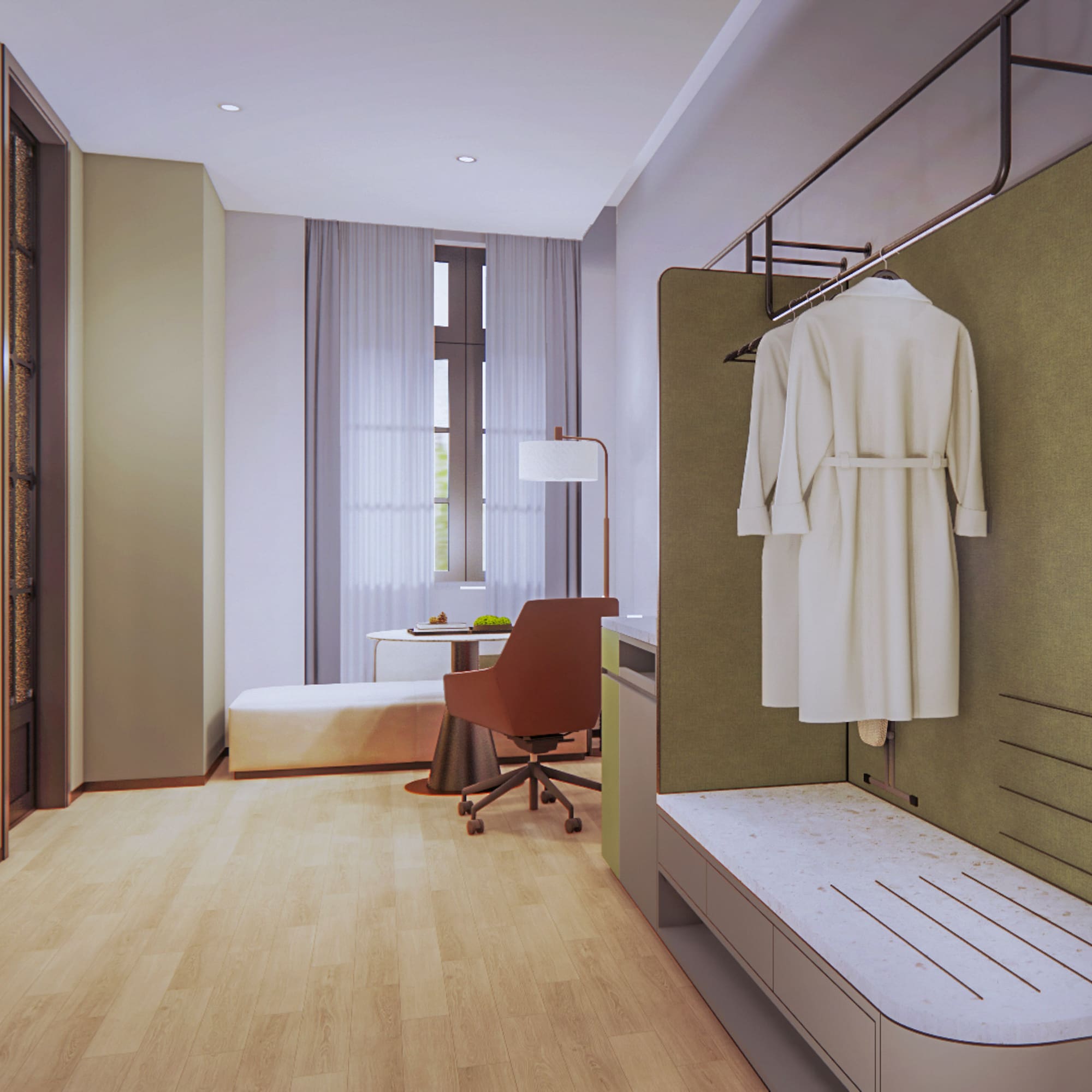 a room with a white robe on a rack