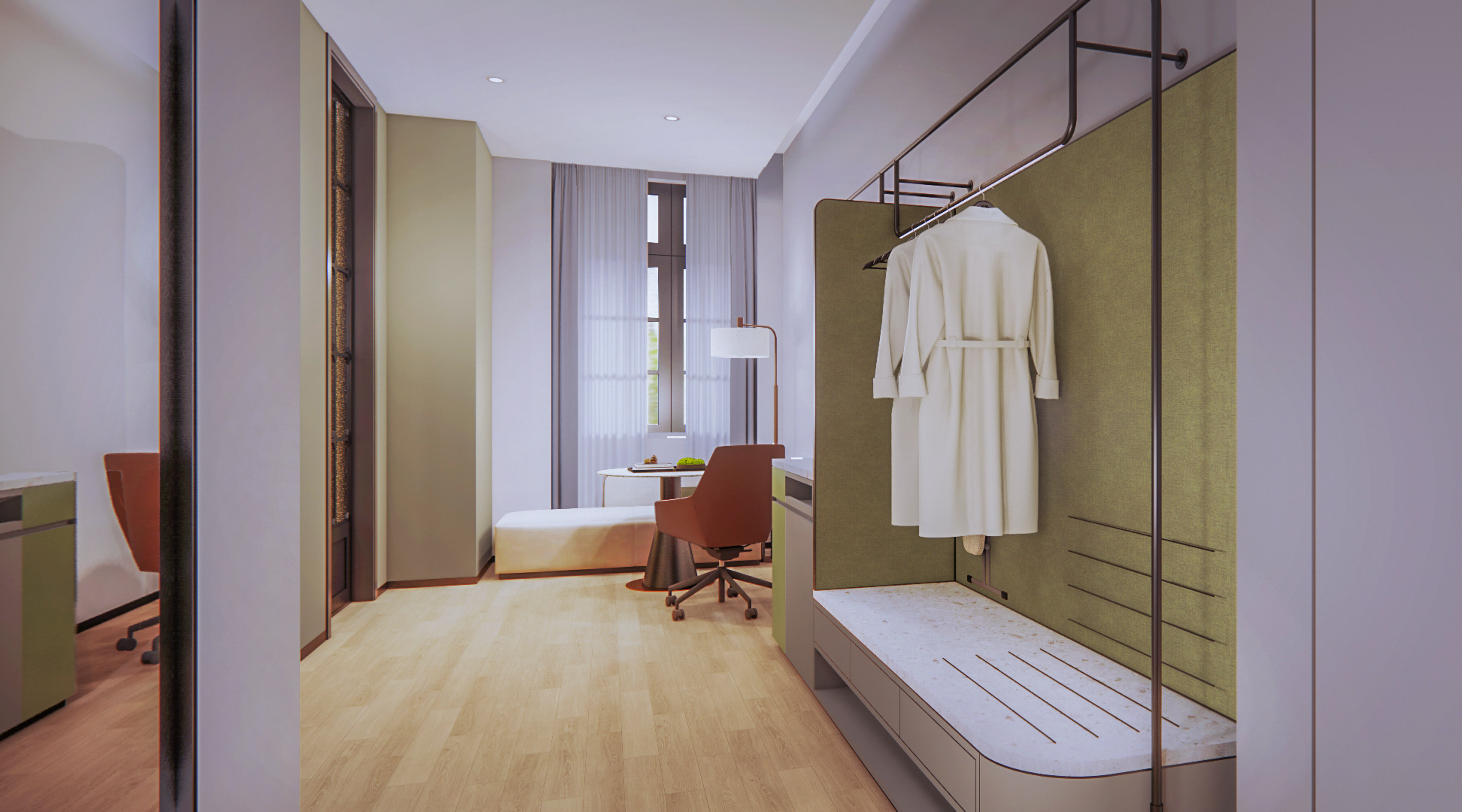 Modern hotel room entryway with wardrobe, bathrobe, bench, and desk.