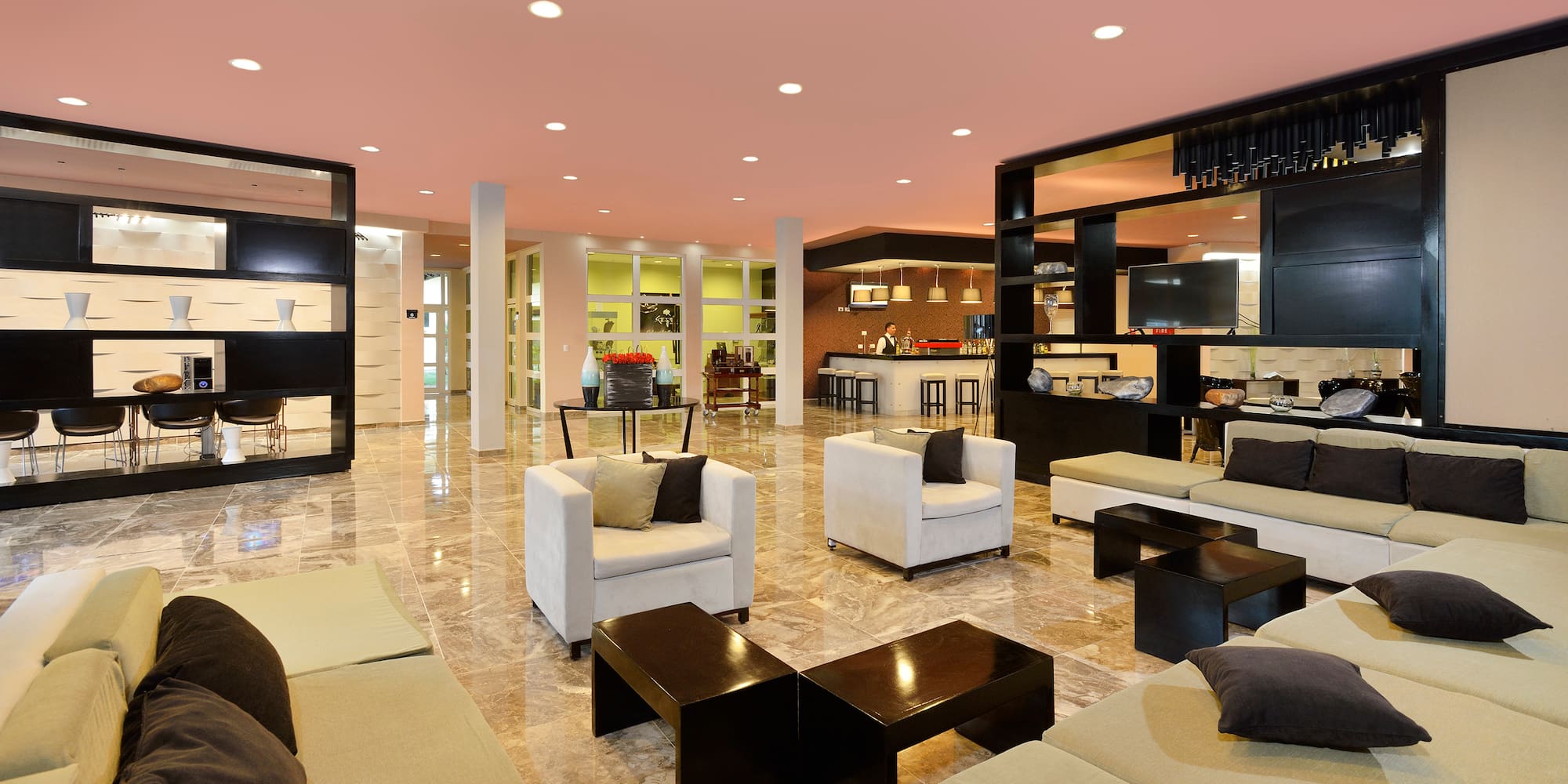 a room with couches and tables