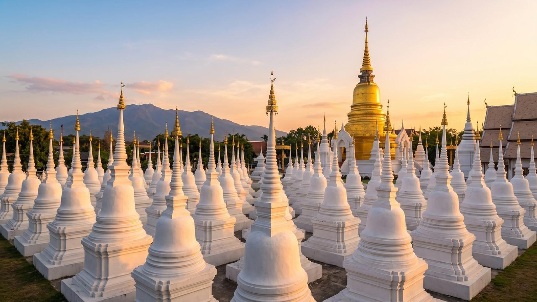 White stupas surround golden pagoda at a Thai temple with mountains, sunset.